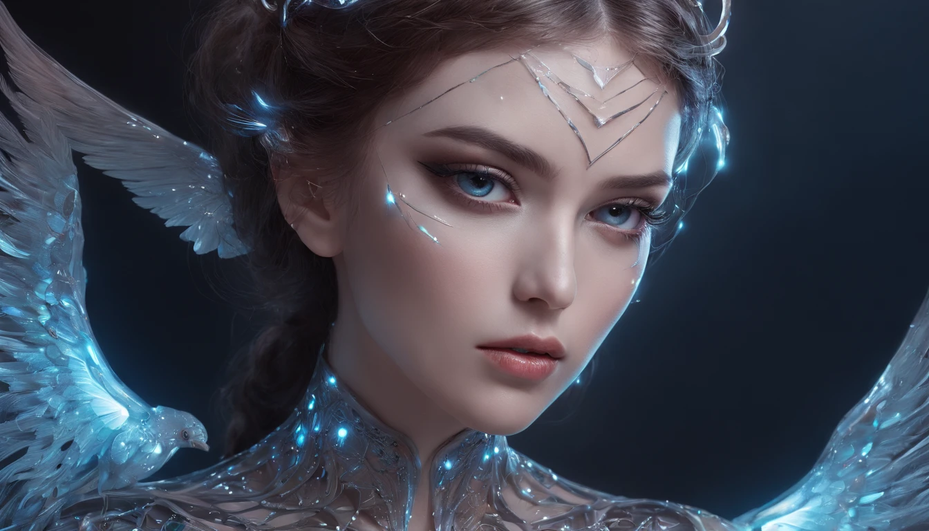 Cosmic Fallen Angel, glowing light eyes, Delicate and beautiful face，Bigchest，Biomechanical, eerie, Dream-like, Very bright colors, Light particles, with light glowing, Mshiv, wallpaper art, UHD wallpaper