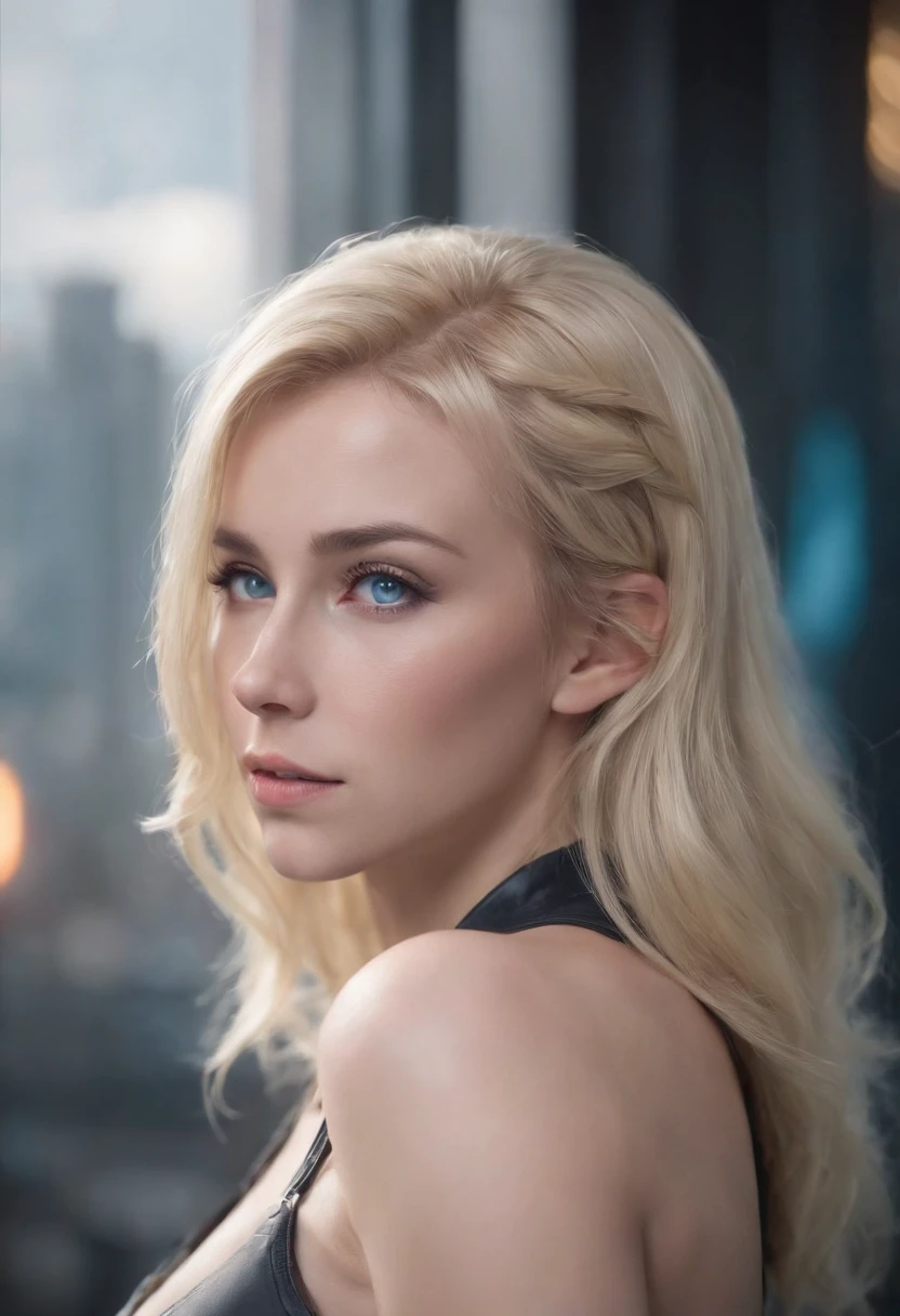 woman, Realistic character,coiffed blonde hair, Blue eyes, anime big breast, Alone, modern, Cyberpunk