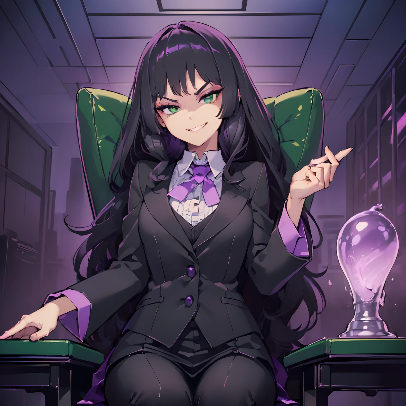 (((cheeky looking buisness woman with a devious grin, black dyed hair, green eyes, small bust, making a smug and haughty expression, sitting in an office chair, dark atmosphere, dim purple pink lighting)))