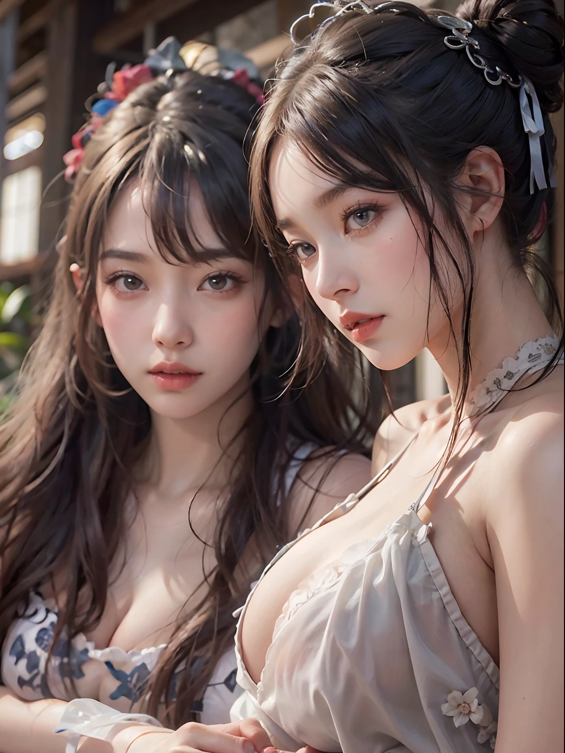 nsfw, 2girls, nude, twin girls, (masterpiece: 1.4), (8K, realistic, raw photo, best quality: 1.4), skirtlift, lying on tatami, nipple areola shape clear, beautiful breasts, Chinese girl, beautiful cute face, (real face: 1.4), perfect pussy, beautiful hairstyle, realistic brown eyes, beautiful detail eyes, (real skin: 1.3), beautiful skin, attractive, ultra high resolution, ultra realistic, cinematic lighting, black colored hair, long hair, twin ponytails, ribbons, ancient China, chinese mythology, after sex