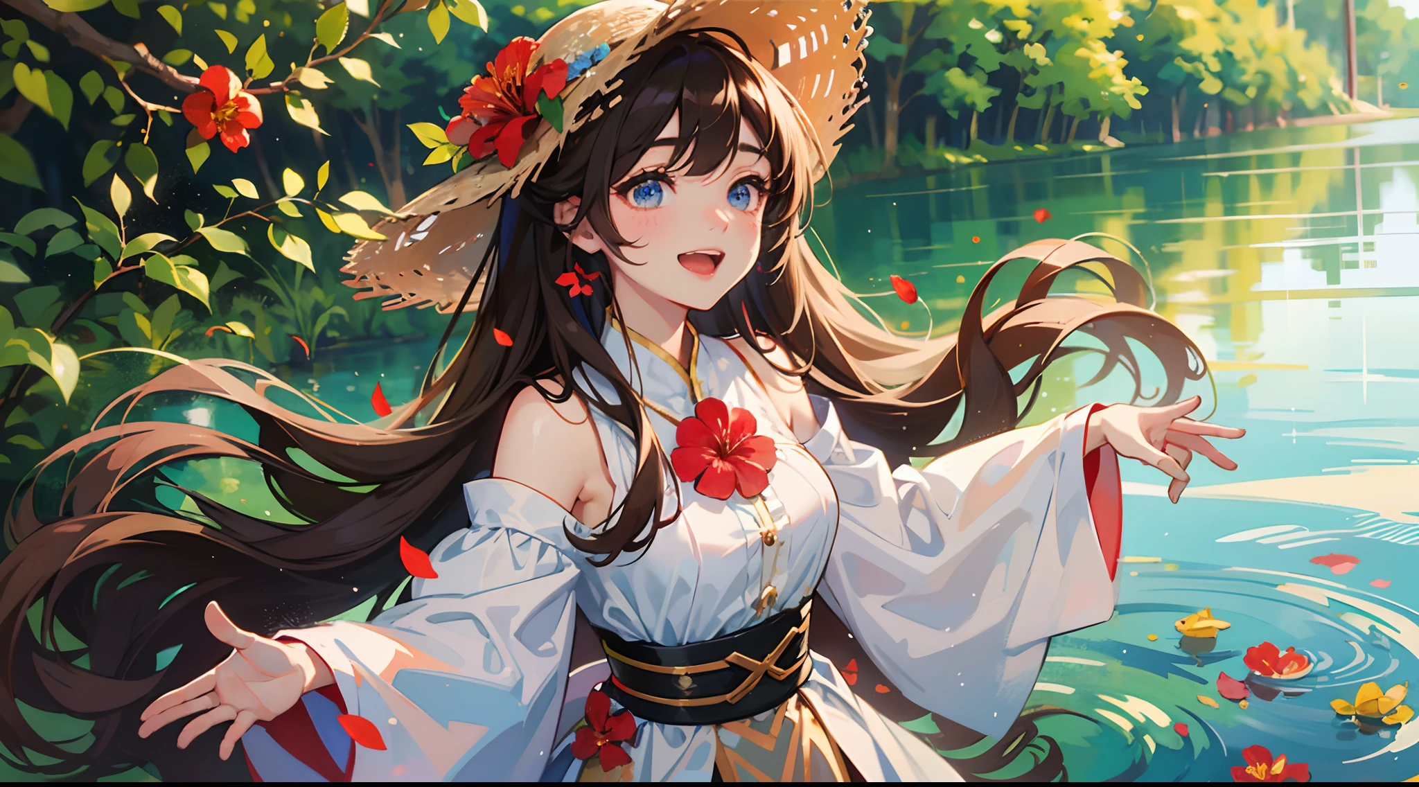 photoRealstic、Doll standing in front of the photo、laugh face、Water droplets on the cheeks、kawaii pose、spreading arms widely、Flowing Red Silk、bustup、Hibiscus petals、Blurring、brown haired、blue-sky、depth of fields、season!!: 夏☀ 🍂 ハイビスカス