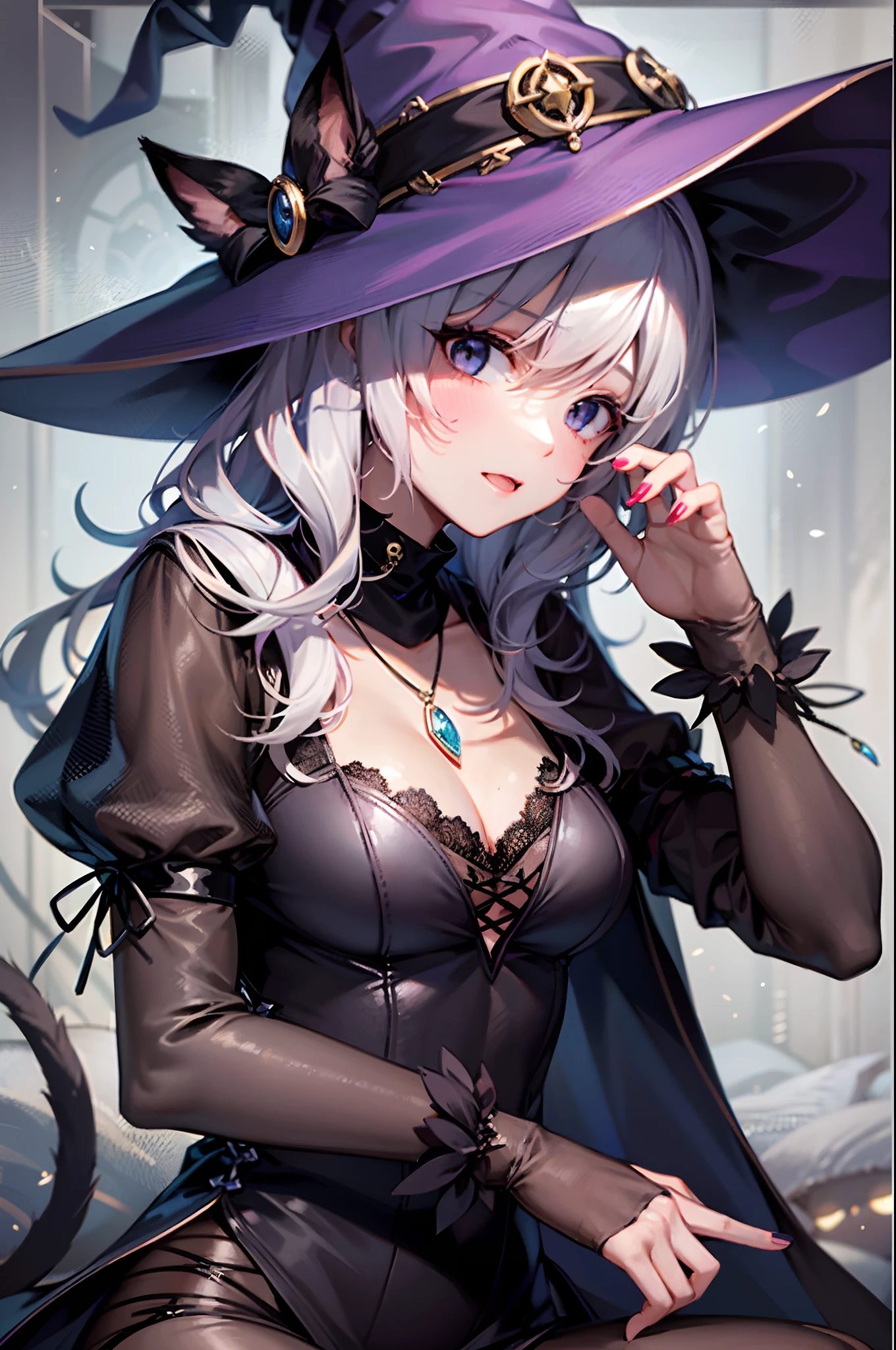 "((girl with)) Witch, Petting a black cat, Wearing a mysterious black necklace, At the secret base. Moreover, The witch is surrounded by a magical aura、Her skin shows pale and mysterious tones."
