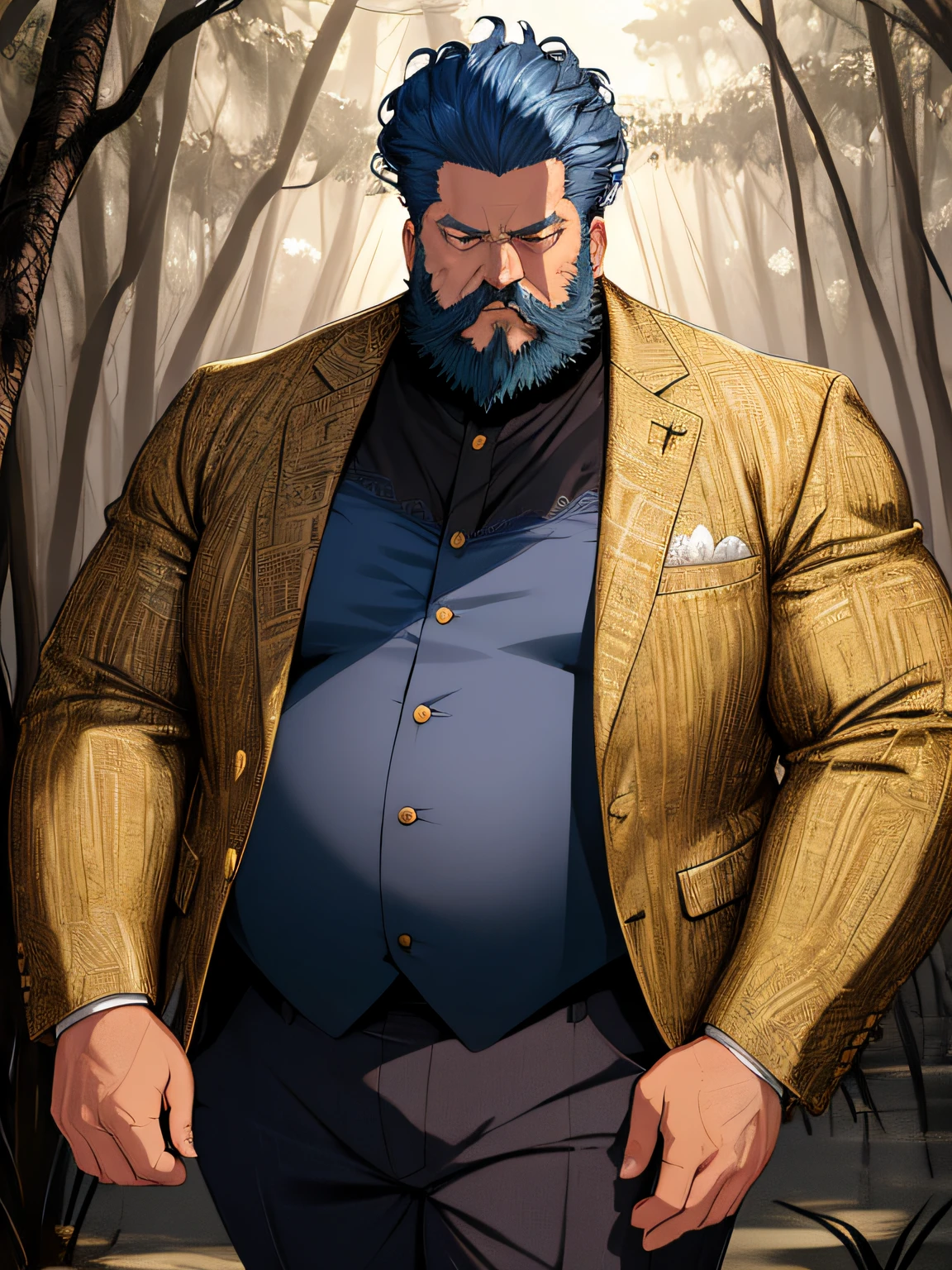 (1 man, fat, expensive clothes, arrogant)), thick beard, cobalt blue hair, short curly hair, masculine, ugly, 50 year old man, (50 years old) (detailed face, perfect face) ((extremely realistic shadows, masterpiece of art, extremely detailed, photorealistic), elegant shirt with gold embroidery, elegant pants, ruthless expression, robust, ((fat)), dark blue eyes, large delicate eyes, wide open eyes ((detailed eyes) ) swamp forest.