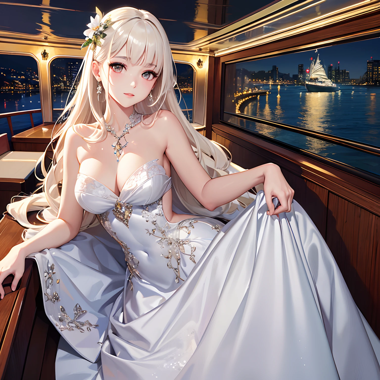 masterpiece、top-quality、High-quality images、hight resolution、8K、1lady、the detail、Detailed eye depiction、skin gloss、Lustrous hair、Platinum Blonde Long Dress、Classy dresses、Night Cruises、Night view from the boat