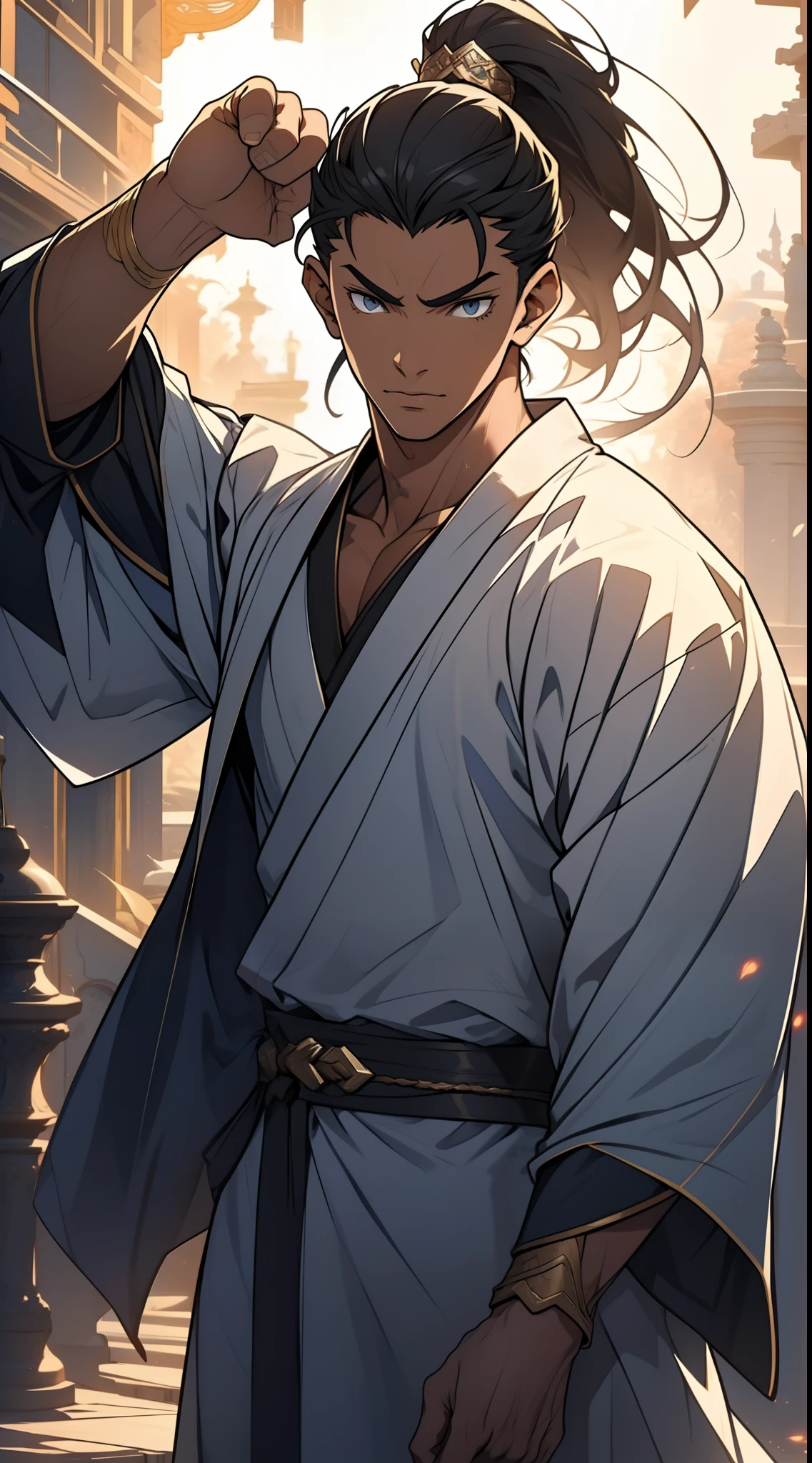 quadratic element,style of anime,mtu(Male Warrior),The proportions are correct,Face details,swordsmen,High ponytail hairstyle,Neck details,There is an Adam's apple,Blue suit,kaftan,long blue robes,clothes details,Handing over,longer sleeves,Game quality,Swordsmanship,Light and shadow tracking,Ray traching,detailed glow,cg render,hair detail,Black long hair,blue colored eyes,Handsome,Handsome,(juvenile sense),Clothing is complicated,Perfectcomposition,Refinement,high qulity,higher details,Lots of details,The background is complex,a sense of atmosphere,
