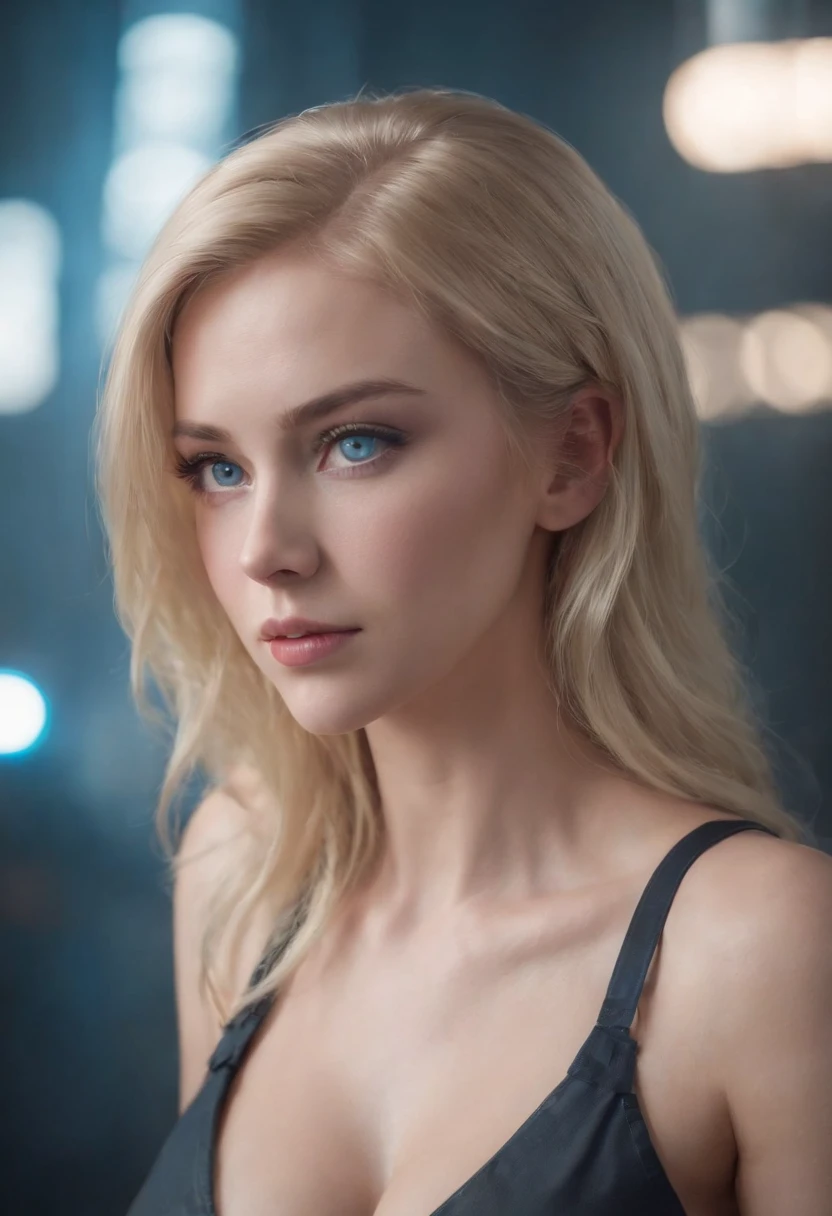 woman, Realistic character,coiffed blonde hair, Blue eyes, anime big breast, Alone, modern, Cyberpunk