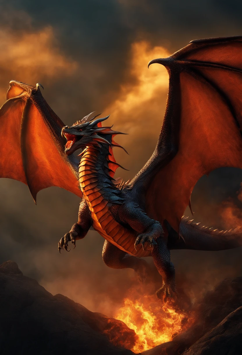 A dragon soaring with wings, Angry, There is a flame in the mouth, Middle Ages