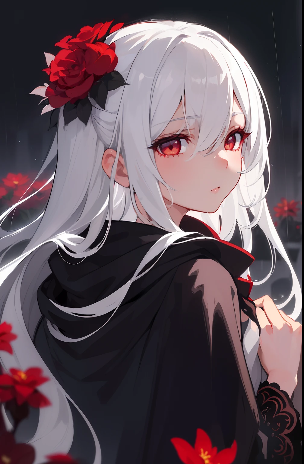 1girl,solo,1girl,solo,((beautiful detailed eyes)), (detailed light),depth of field,(white hair),silver eyes,hair over one eye,(red flower ), hair flower,long hair,black cloak,wet,emotionless,looking back,night,starfall,raining,fog,red flowers falling,sketch,upper body,intense shadows,