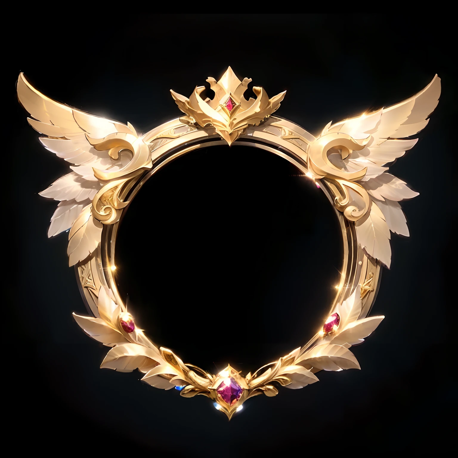 Close-up of gold frame with crown and wings, golden circlet, ornamental halo, intricate ornament halo, gold wings, Gold magic shoulder pads, Golden halo, gold gilded circle halo, ornate frame, kda, Golden wings, mirror background, circle of the crone, high quality portrait, emblem of wisdom, ornate border + concept-art, from league of legends