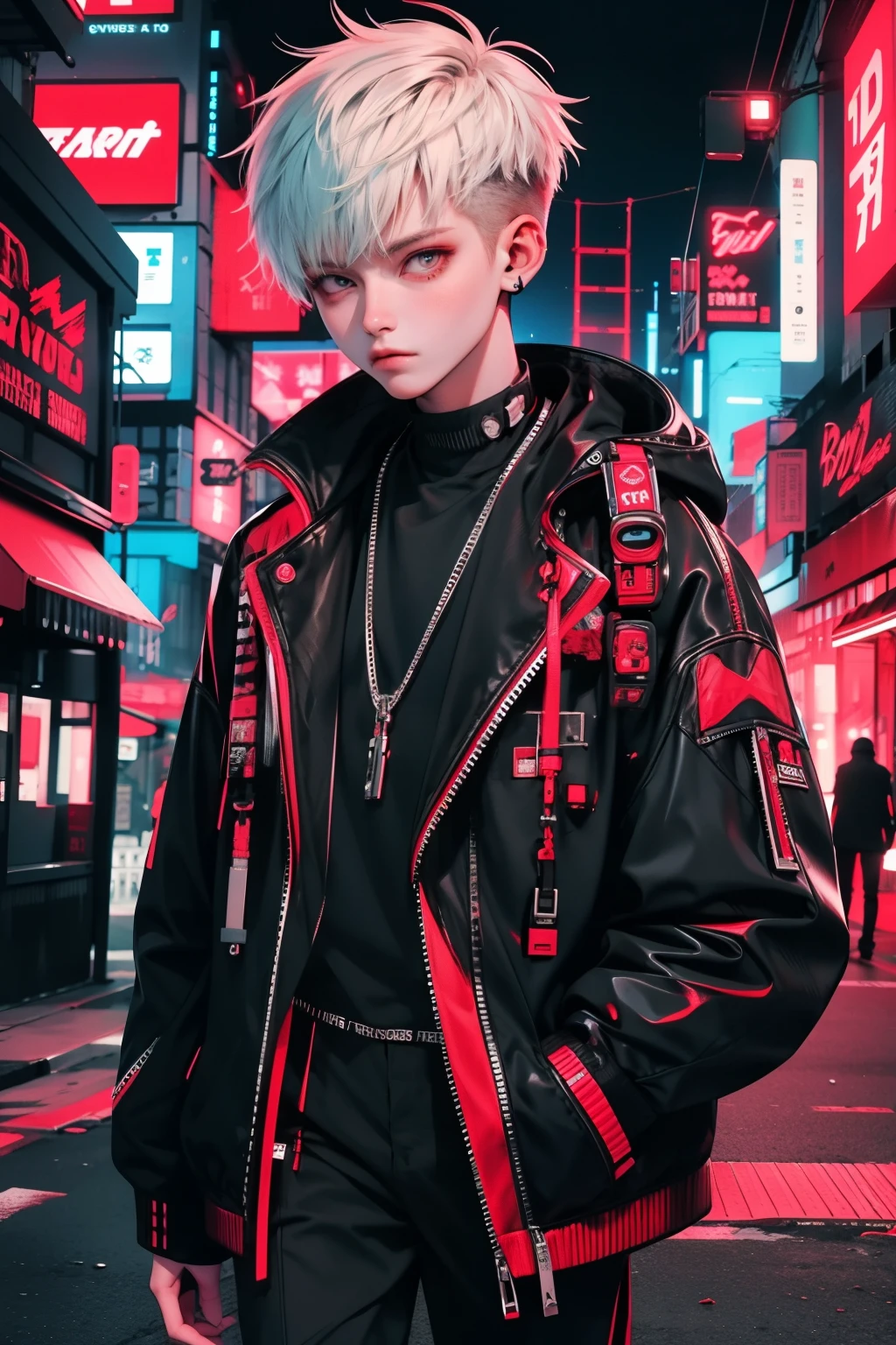 boy walking, half body shot, white red hair, cool black open short jacket, messy fade cut hair, crazy, on futuristic neon night street background, straight front center, photograpic shot