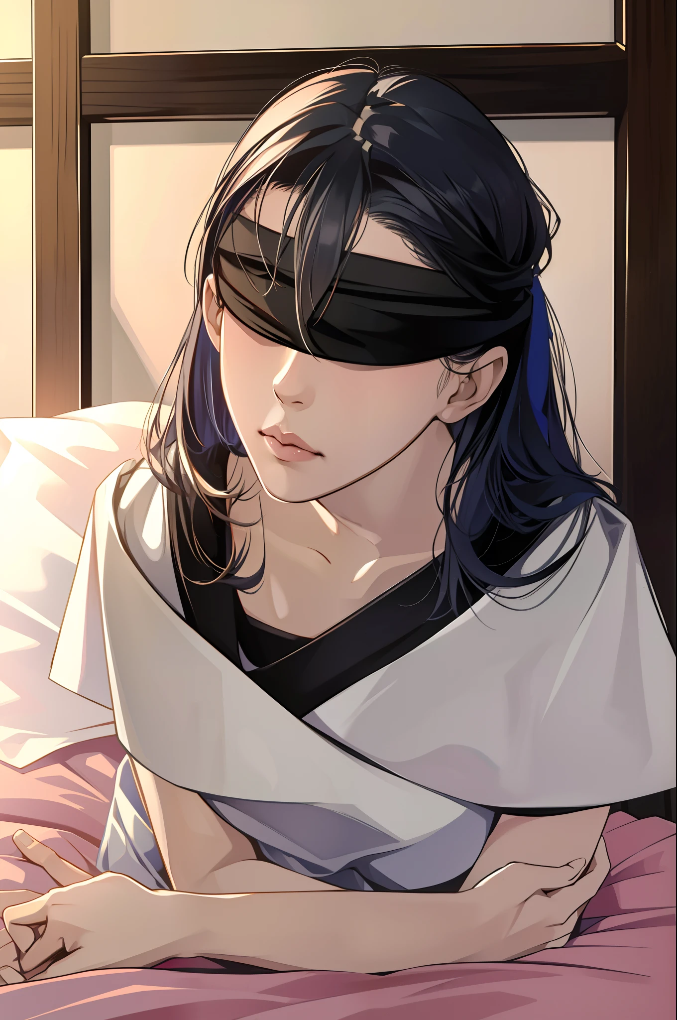 (absurdres, highres, ultra detailed),highres, 1girl,PerfectNwsjMajic,sitting on bed, upper body,  incoming kiss,closed eyes,  blindfold