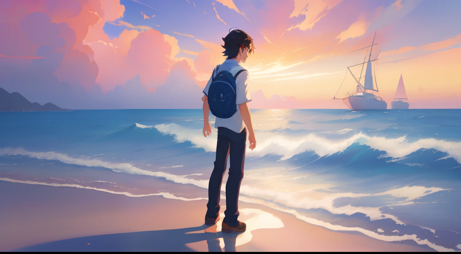 there is a boy standing on the water in the middle of the ocean, 1boy, school uniform, makoto shinkai cyril rolando, kilian eng vibrant colors, kilian eng vibrant colours, cyril rolando and goro fujita, by Alena Aenami, inspired by Cyril Rolando, cloudy sky, surreal flat colors, reflections. by makoto shinkai