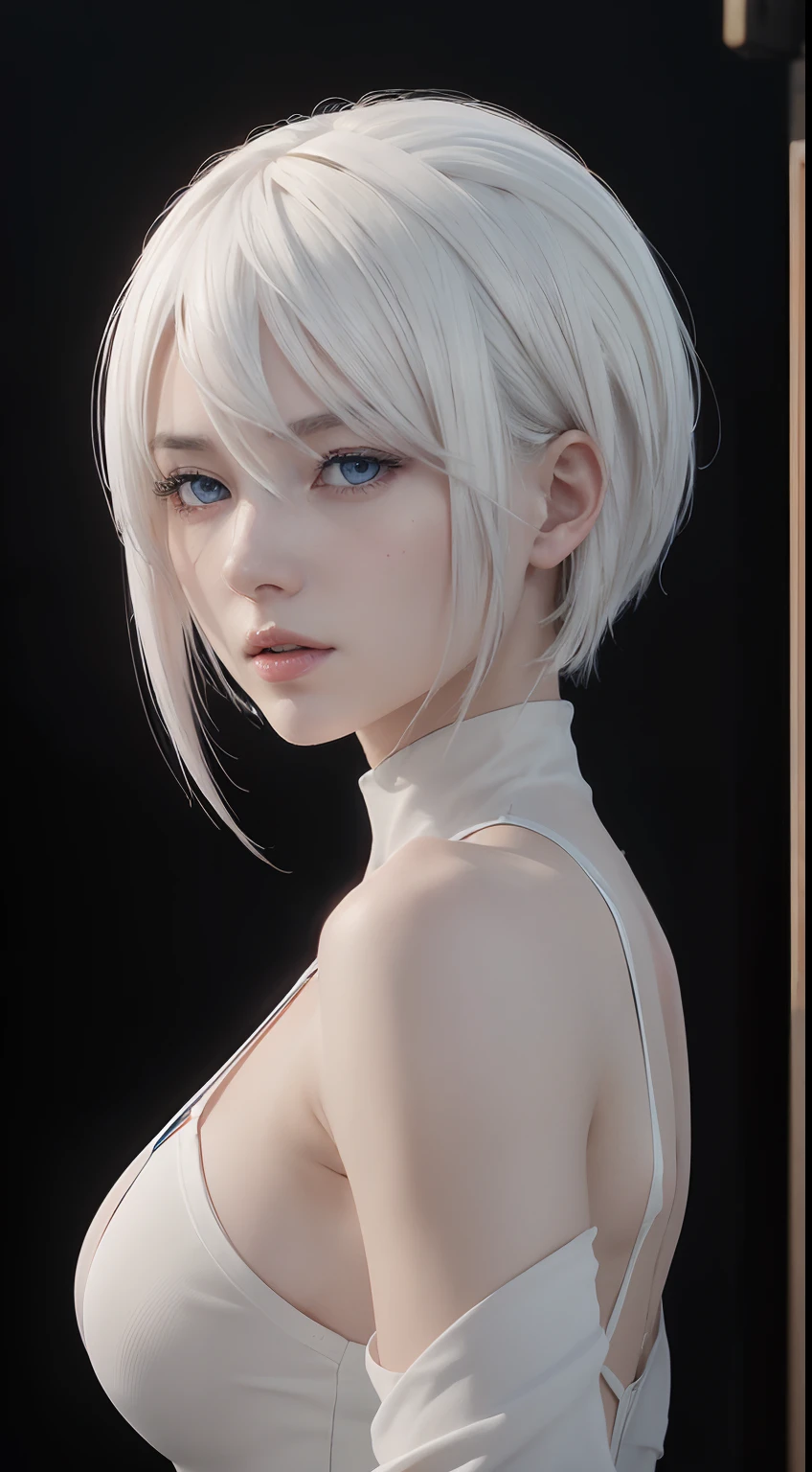 (masterpiece, best quality:1.4), (on the street), (standing:1.5), (full body), (blue eyes), (from front), (1girl), (katana in her hand), solo, (european youth:1), 1girl, yorha no. 2 type b, (white-hair:1), hyperrealistic, high detailed skin, dslr, soft lighting, high quality, highly detailed face, highly detailed skin, skin pores, subsurface scattering, realistic pupils, medium breast, full face blush, full lips, detailed background, depth of field, volumetric lighting, sharp focus, absurdres, realistic proportions, good anatomy, (realistic, hyperrealistic:1.4), 16k hdr, upper body portrait, head to abdomen image scope