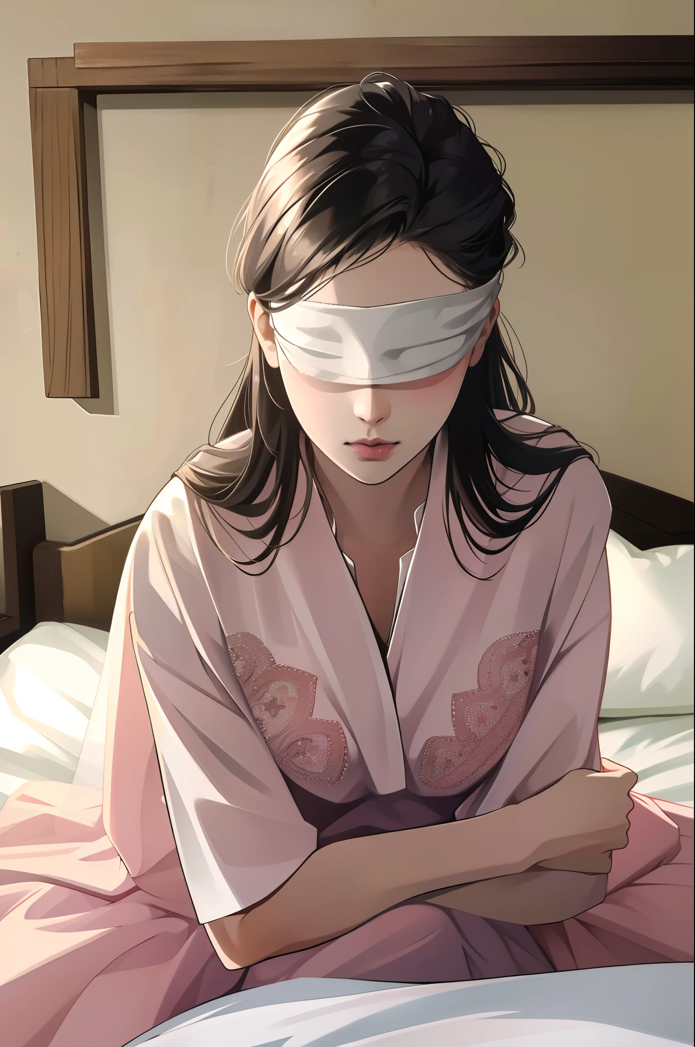 (absurdres, highres, ultra detailed),highres, 1girl,PerfectNwsjMajic,sitting on bed, upper body,  incoming kiss,closed eyes,  blindfold