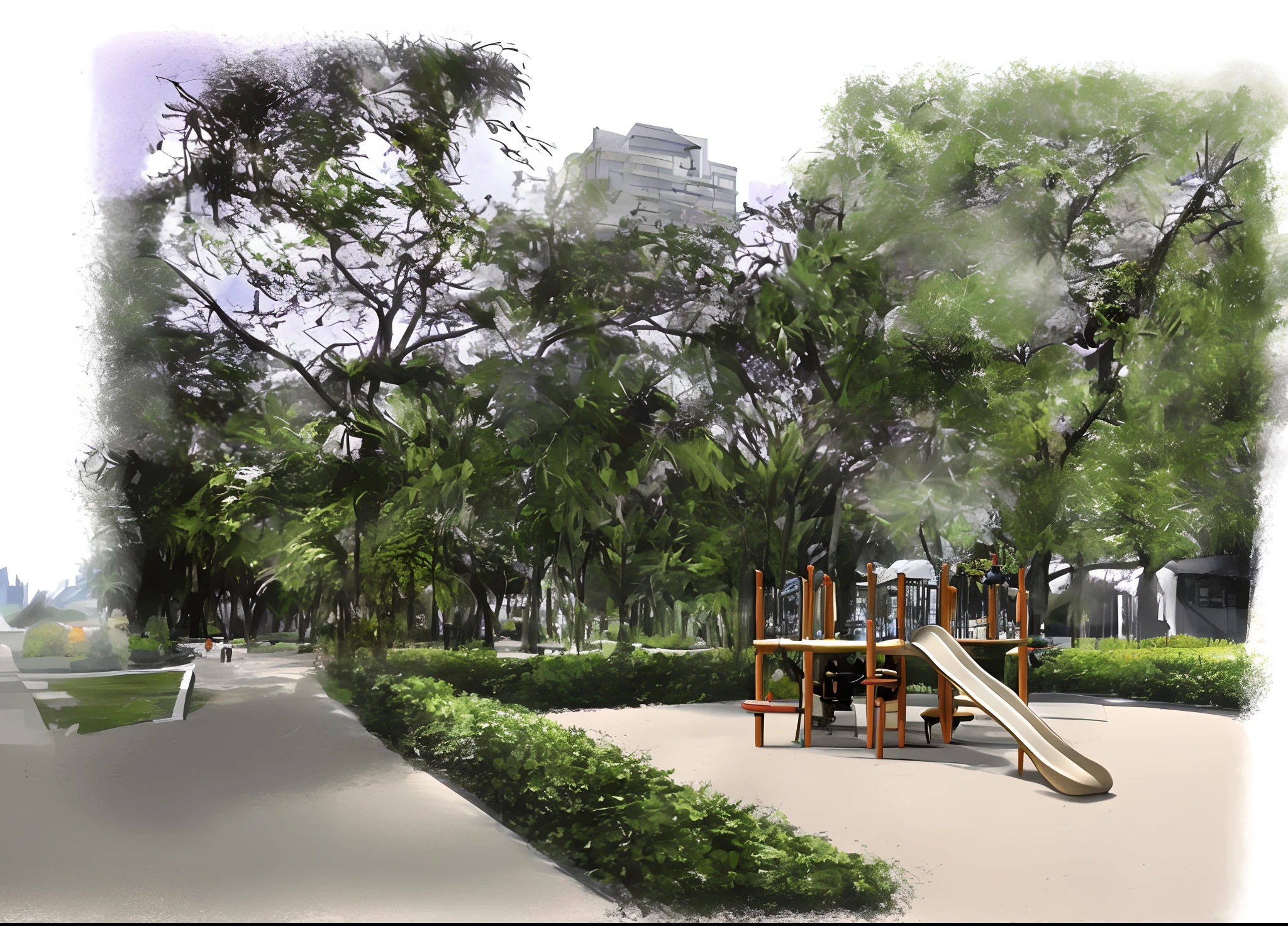 a wonderful crayon illustration of a park with playground, palm trees, tall trees, a luxury building behind