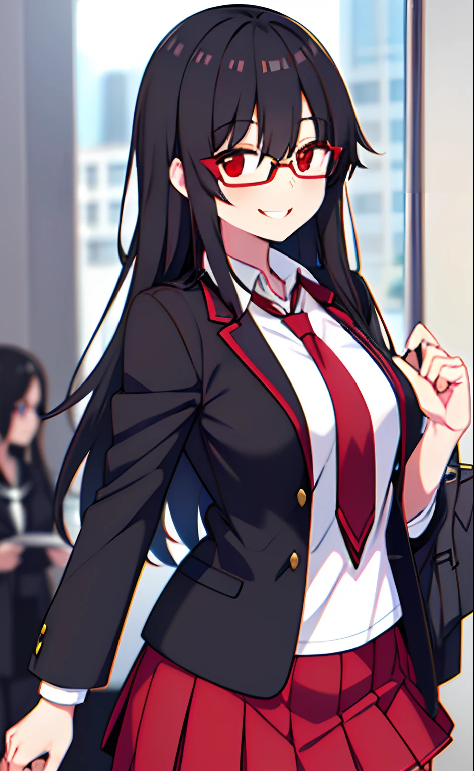 Black hair, red eyes, kizi, female, glasses, school uniform, smiling