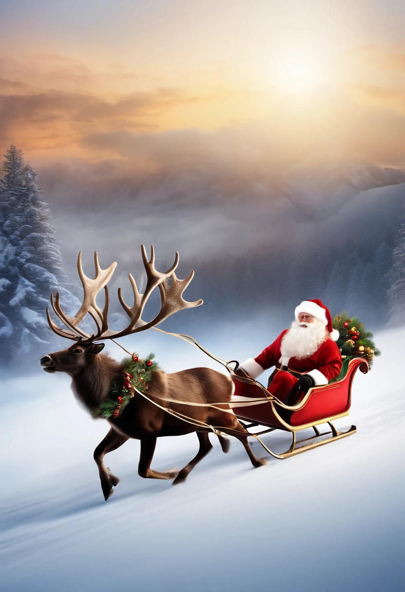 best quality, 4k, highres, ultra-detailed, realistic:1.37, vivid colors, studio lighting, bokeh, Santa Sleigh, flying silhouette Santa Sleight, Santa Claus riding in a sleigh with reindeer, isolated on white background, vector illustration