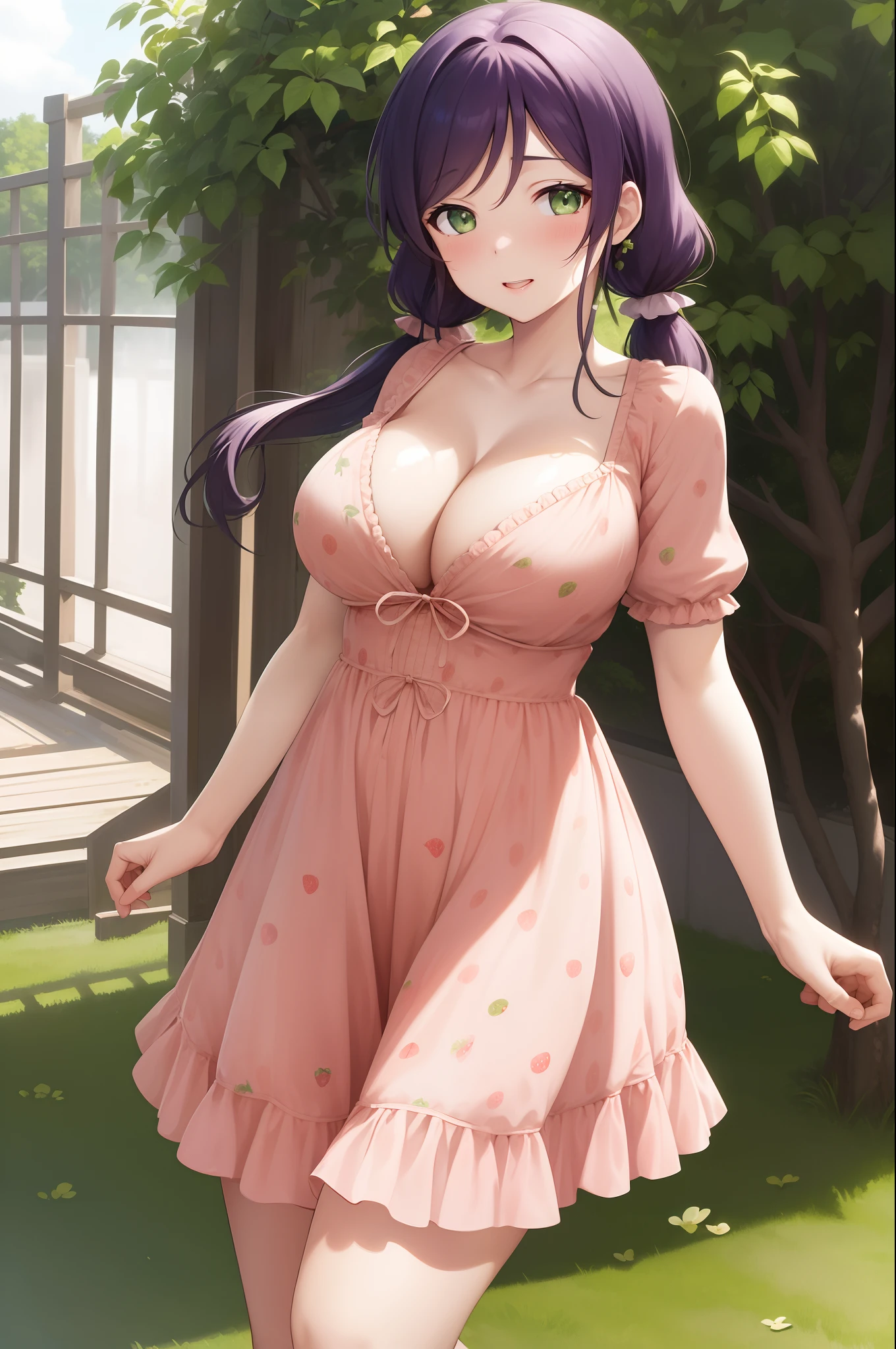 masterpiece, best quality, highres, standing, leaning forward,arms behind back, toujo nozomi, green eyes,low twintails, dress ,clothing ,strawberry dress, outdoors, looking at viewer, sexy, sexy pose, sexual arousal,(lips:0.6), big breasts,thicc body, cleavage