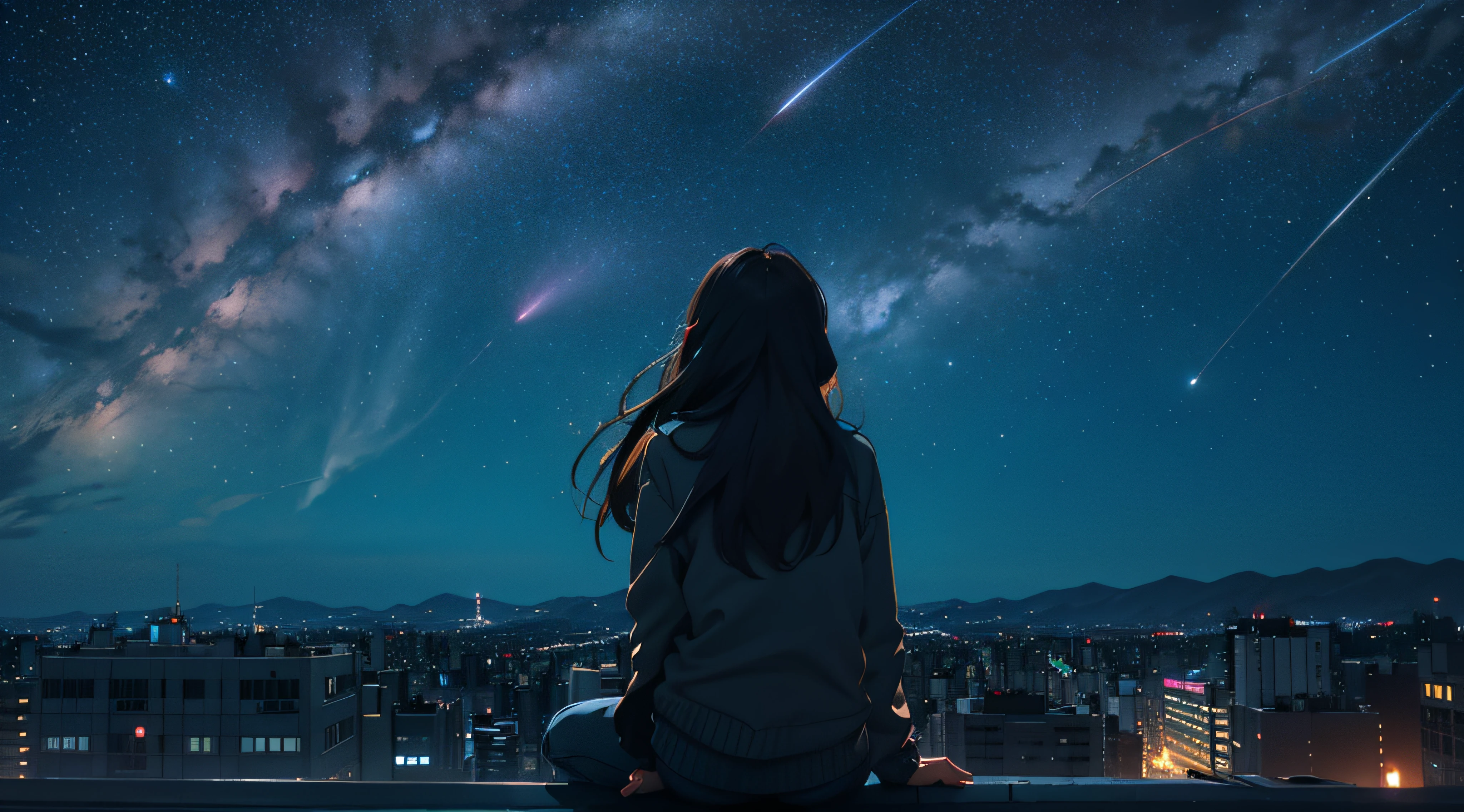 octans, sky, star (sky), scenery, starry sky, night, 1girl, night sky, solo, outdoors, building, cloud, milky way, sitting, tree, long hair, city, silhouette, cityscape,City from a distance, tokyo, city billboard, 1 milky way in the sky,