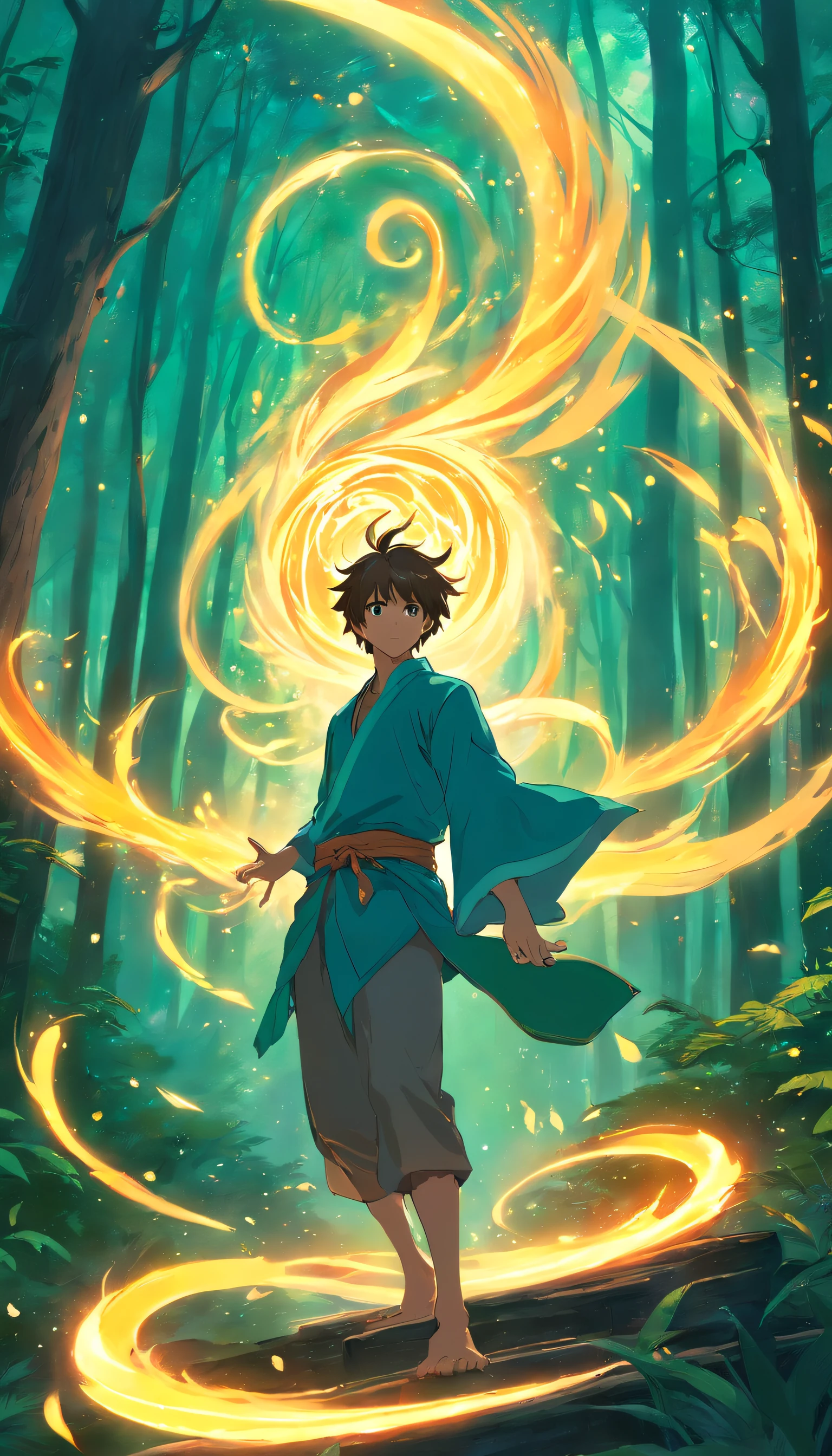 Amidst an ancient and overgrown forest, the essence of magic takes form through a young man, his hair as dark as the shadows and his eyes a radiant golden blaze. A mystical mark graces his neck, shimmering with latent power. Within a clearing, he stands engulfed in a cascading torrent of flames, the fire's heat tempered by an otherworldly energy. As the magical fire spirals and dances, it conjures a swirling dance of luminous particles, each a fragment of his ethereal aura. Arcane symbols materialize in midair, their glow casting an eerie light on his intense focus. The scene exudes a sense of ancient power and hidden knowledge, as if the woods themselves are alive with long-forgotten secrets. The mood is one of serene intensity, where the balance of nature and magic intertwine. The illustration style captures this mystical aura through detailed digital artistry, combining intricate linework with vibrant color palettes. --ar 16:9 --v 5