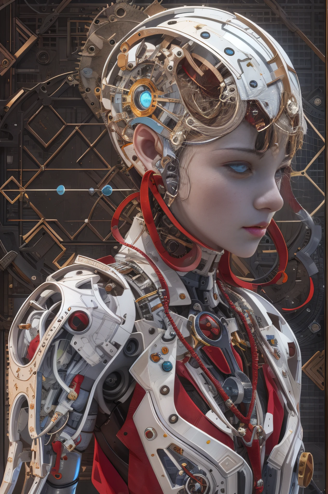 1 mechanical girl, solo person, full bodyesbian，Machine-made joints，A masterpiece of science fiction，high qulity，3d，8k cg，Complicated details，detailed back ground，Holy。trinkets，by DylanKowalski，（（1boy）），The upper part of the body，musculous，Hollows in the skin，side looking，short detailed hair，prosthetic limbs，machine arm，synthetic skin，chinaware，pearls，holograph，TI，diamond，Red Jewel，sapphires，Pedras preciosas，Wind, junk, Frayed edges, armour,