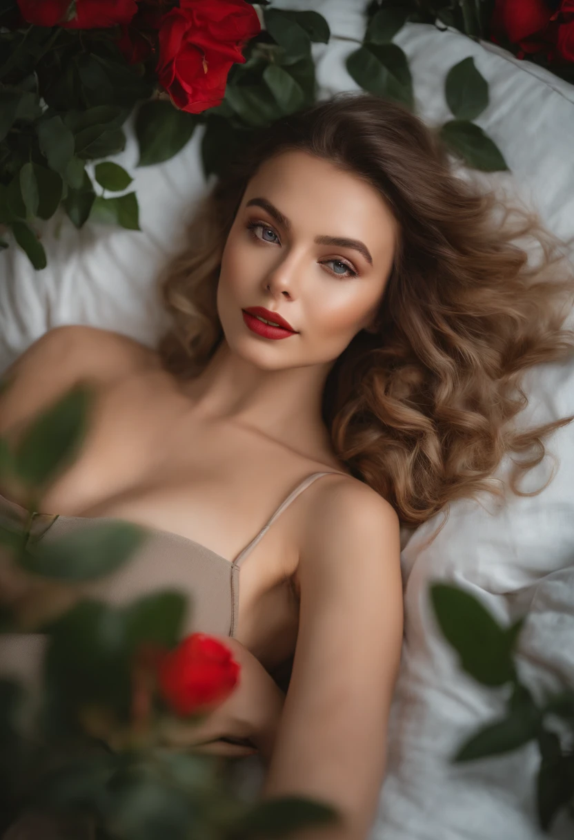 arafed woman laying in bed, without cloths in romantic pose, red flowers are on bed,  showing her boobs, full body portrait image, NSFW Pose, blue eyes, portrait sophie mudd, blonde hair and large eyes, super realistic, 4k, selfie of a young woman, without makeup, natural makeup, looking directly at the camera with seductive eyes, face with artgram, subtle makeup, stunning full body shot, beautiful angle, attractive pose, cute girl, sexy pose, full body picture, full body, full body shoot, brunette goddess, high detail, satisfied pose.  image.