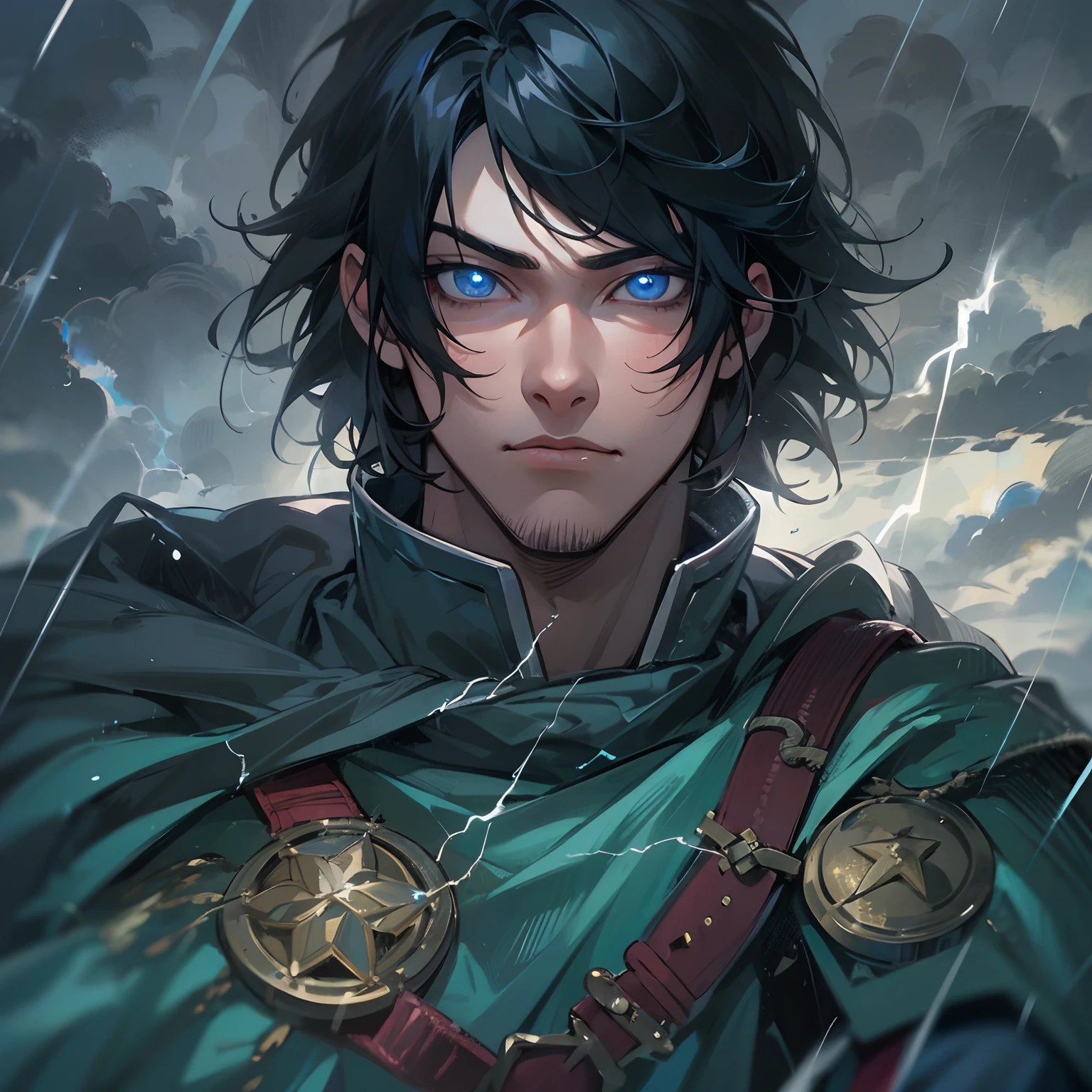 A handsome young man with blue eyes and medium-sized black hair, olhar arrogante, emo, como um corte de cabelo na altura da orelha, corte com cabelo igual ao do Itachi Uchiha, mas com a lateral do cabelo raspada, com um porte fisico muito forte e musculoso, This young man is a warrior, He wears a battle suit and is in the middle of a storm, no topo de uma montanha, Like a Prince of Thunder, the sky lit by lightning in the storm, electricity by his thunder magic body he is like a thunder god: Como Thor, He is a warrior prince, magical dark sky, nuvens negras no meio de uma tempestade, water, Rain and Thunder An Art for an RPG A Medieval Art for an RPG