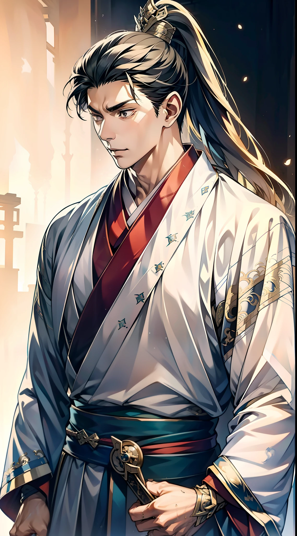 quadratic element,style of anime,mtu(Male Warrior),The proportions are correct,Face details,swordsmen,High ponytail hairstyle,Neck details,There is an Adam's apple,Black Hanfu,kaftan,Embroidered robes,Black robe,clothes details,Handing over,longer sleeves,Game quality,Swordsmanship,Light and shadow tracking,Ray traching,detailed glow,cg render,hair detail,cabelos preto e longos,Black eyes,Handsome,Handsome,(juvenile sense),Clothing is complicated,Perfectcomposition,Refinement,high qulity,higher details,Lots of details,The background is complex,a sense of atmosphere,