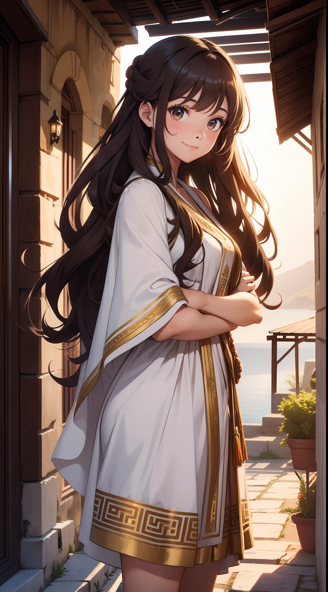 young girl, long curly brown hair, Brown eyes, White Historical Toga, Greece, Smile, Masterpiece, hiquality, high detail, HD, 4k