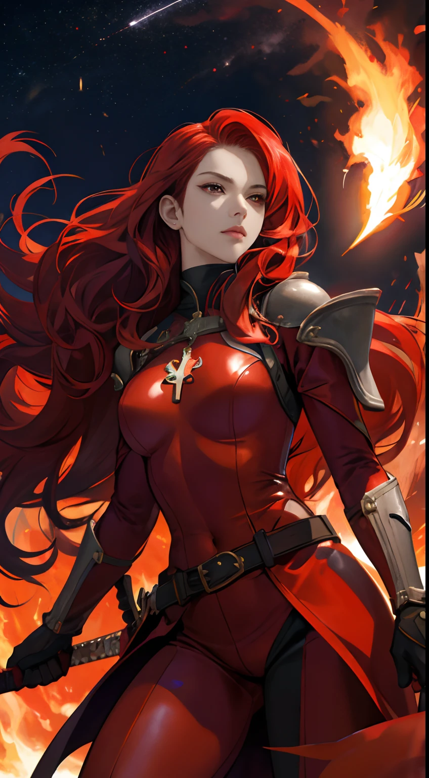 a cool，20th generation female，long red wavy hair，Red Eyes，sharp eye，glares，Red leather，body suit，gloves，Covers the whole body，Mystical decoration，cross belt，breastsout，up chest，realistic illustration，loimu，of the Great Flame，Cover the sky，Expressed throughout the body，look up sky，Reach for the sky，（Effect Effects），Fantasia，Holding a huge sword，Flaming sword，battle field，A warrior，swordsmen，Beautuful Women，Deities々Right