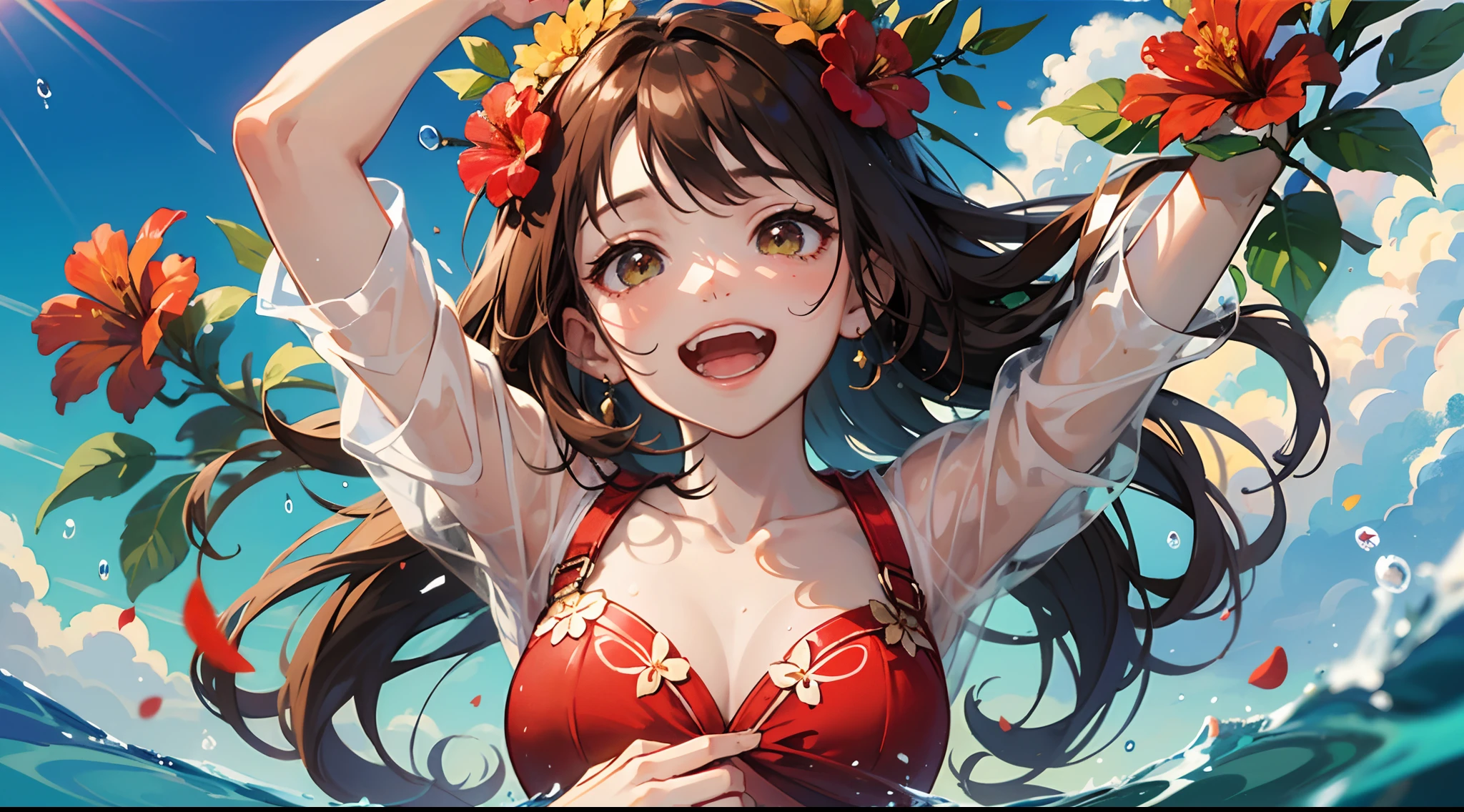 photoRealstic、Stand in front of the photo、laugh face、Water droplets on the cheeks、kawaii pose、spreading arms widely、Flowing Red Silk、bustup、Hibiscus petals、Blurring、brown haired、blue-sky、depth of fields、season!!: 夏☀ 🍂 ハイビスカス