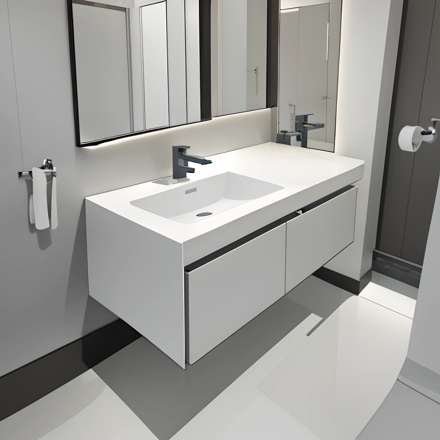 The bathroom has two sinks and a mirror, high quality 3d render, high quality 3 d render, modern bathroom, high quality topical render, premium bathroom design, modern minimalist f 2 0 clean, sleek streamlined design, SleekDesign, clean and pristine design, modern minimalist f 2 0, Modern look, highly detailed render, detailed 3 d render