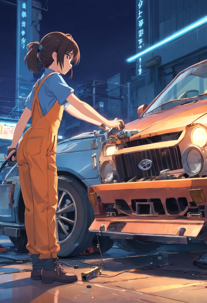 A masterpiece Mechanical girl repairing a car, Corpo Perfeito, perfect head, Wearing mechanical overalls,  disco Rigido