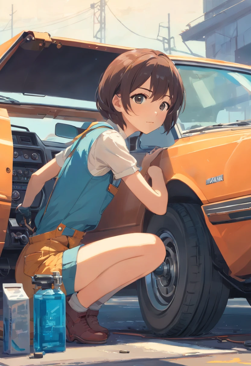 A masterpiece Mechanical girl repairing a car, Corpo Perfeito, perfect head, Wearing mechanical overalls,  disco Rigido