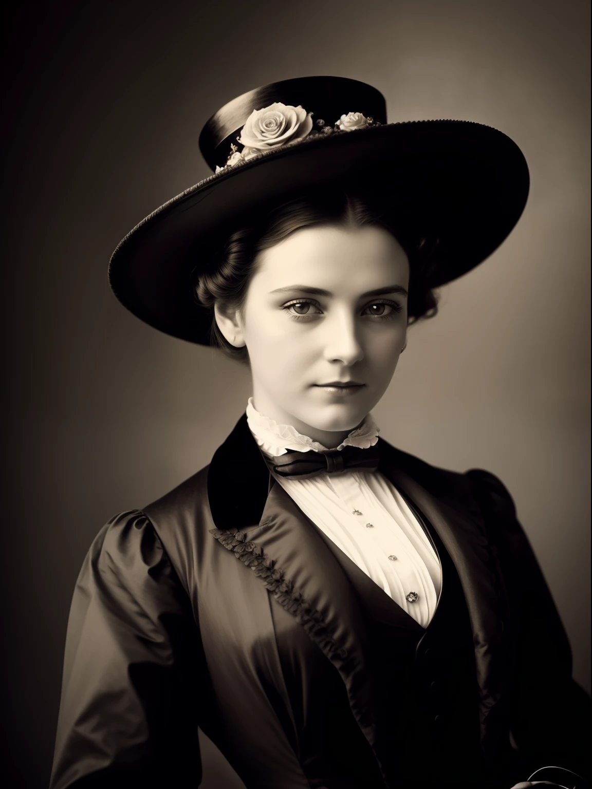 (Masterpiece) An insanely beautiful Victorian lady with rich flowering over the top hat, rich jewelry, vintage sepia photography, outdoor photography, extremely inviting look, front look,  looking at the camera, very old and torned photo