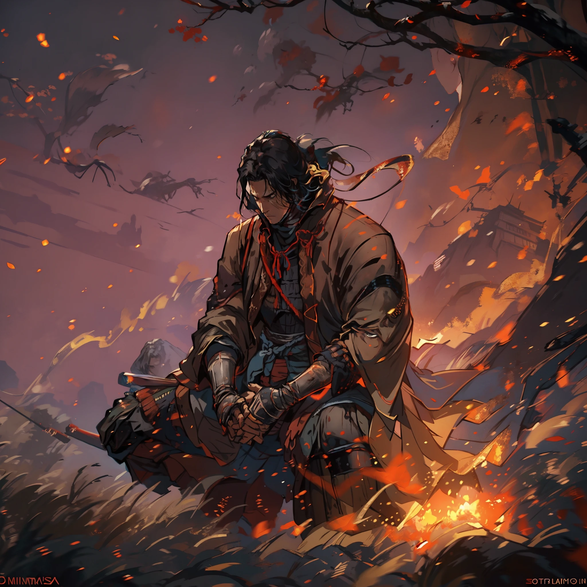 1hombre, solamente, Anillo Elden, meditando junto antorcha, sentado junto al fuego, transmitido por la sangre, Almas oscuras, (((Las sombras de SEKIRO mueren dos veces))),