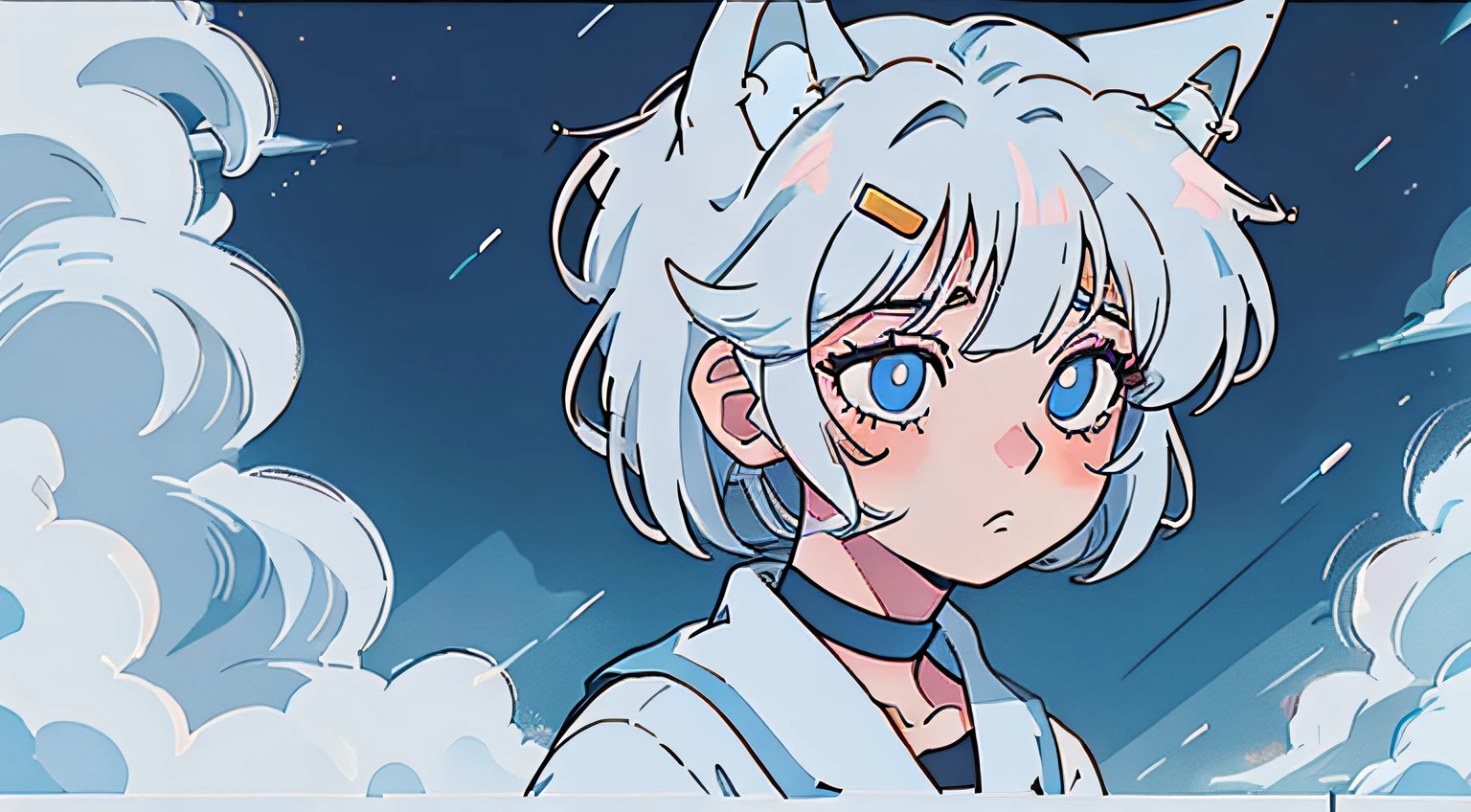 wolf girl, ((wolf tail, wolf ears)), hair tap ears human, (hair clip), ((((short hair)))), long eyeslashes, eyeliner, small breasts, choker, collar, blond haired girl with blue eyes and a silver white hair wig, in manga style, full body, old dress, colored sketch anime manga panel, loli, with a melancholic expression, a manga drawing, sad expression, pretty anime face, semirealistic anime style, cute anime face, colored manga panel, manga art style, in an anime style, close up of a young anime girl, manga drawing.