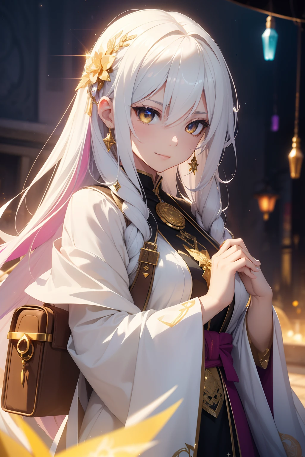(masterpiece, top quality, best quality, official art, beautiful and aesthetic:1.2), (1girl:1.3), (fractal art:1.3), long pink hair, gold eyes, holding a healing staff, temple background background, facial calm enthusiastic, priestess, healer, fantasy, perfect eyes, ultra detailed eyes, extremely detailed artgerm, 8k high quality detailed art, infinite celestial library, anime goddess, anime fantasy illustration, detailed anime art, epic light novel art cover, trending on artstation pixiv, praying to goddess, full maiden garment, virgin, elegant robe,best quality，masterpiece，Ultimate resolution，Extremely colorful，Colorful，saintess，a mature female，Crop topping，Nun dress，The  is exposed，cathedrals，Sanctuary，Normal posture