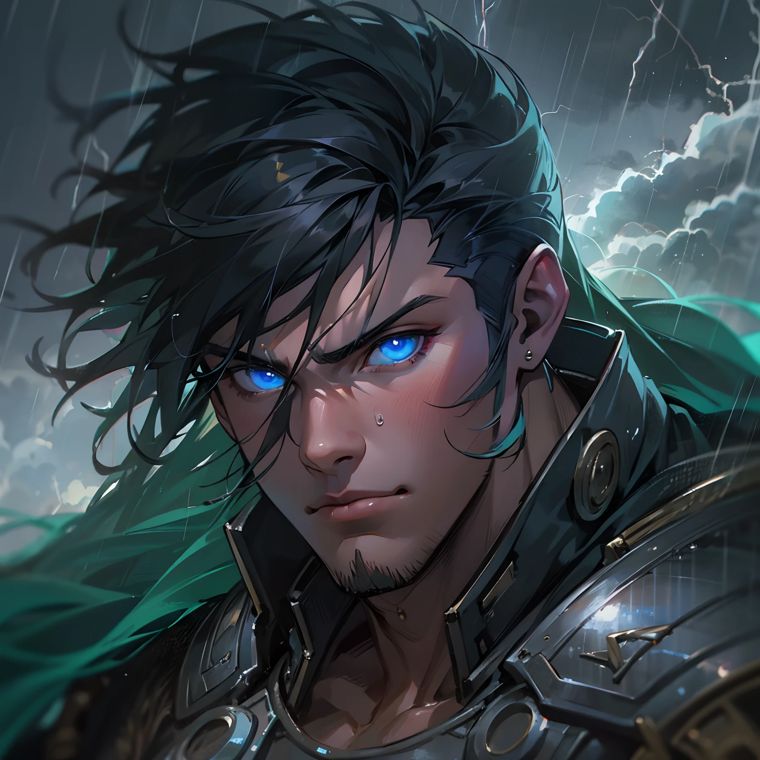 A handsome young man with blue eyes and medium-sized black hair, olhar arrogante, emo, como um corte de cabelo Undercut, corte com cabelo Curto, mas com a lateral do cabelo raspada, com um porte fisico muito forte e musculoso, This young man is a warrior, He wears a battle suit and is in the middle of a storm, no topo de uma montanha, Like a Prince of Thunder, the sky lit by lightning in the storm, electricity by his thunder magic body he is like a thunder god: Como Thor, He is a warrior prince, magical dark sky, nuvens negras no meio de uma tempestade, water, Rain and Thunder An Art for an RPG A Medieval Art for an RPG