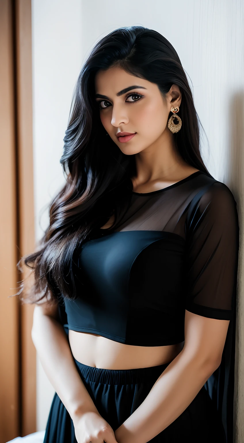 Portrait of A Sad-Cried looking indian woman with long flowing black hair, hazel eyes, with flowing capes only, perfect composition, hyperrealistic, super detailed, 8k, high quality, trending art, trending on artstation, sharp focus, bedroom photo, intricate details, highly detailed, art by greg rutkowski,black crop top,black top dense colour,sexy, In bedRoom, Indoor