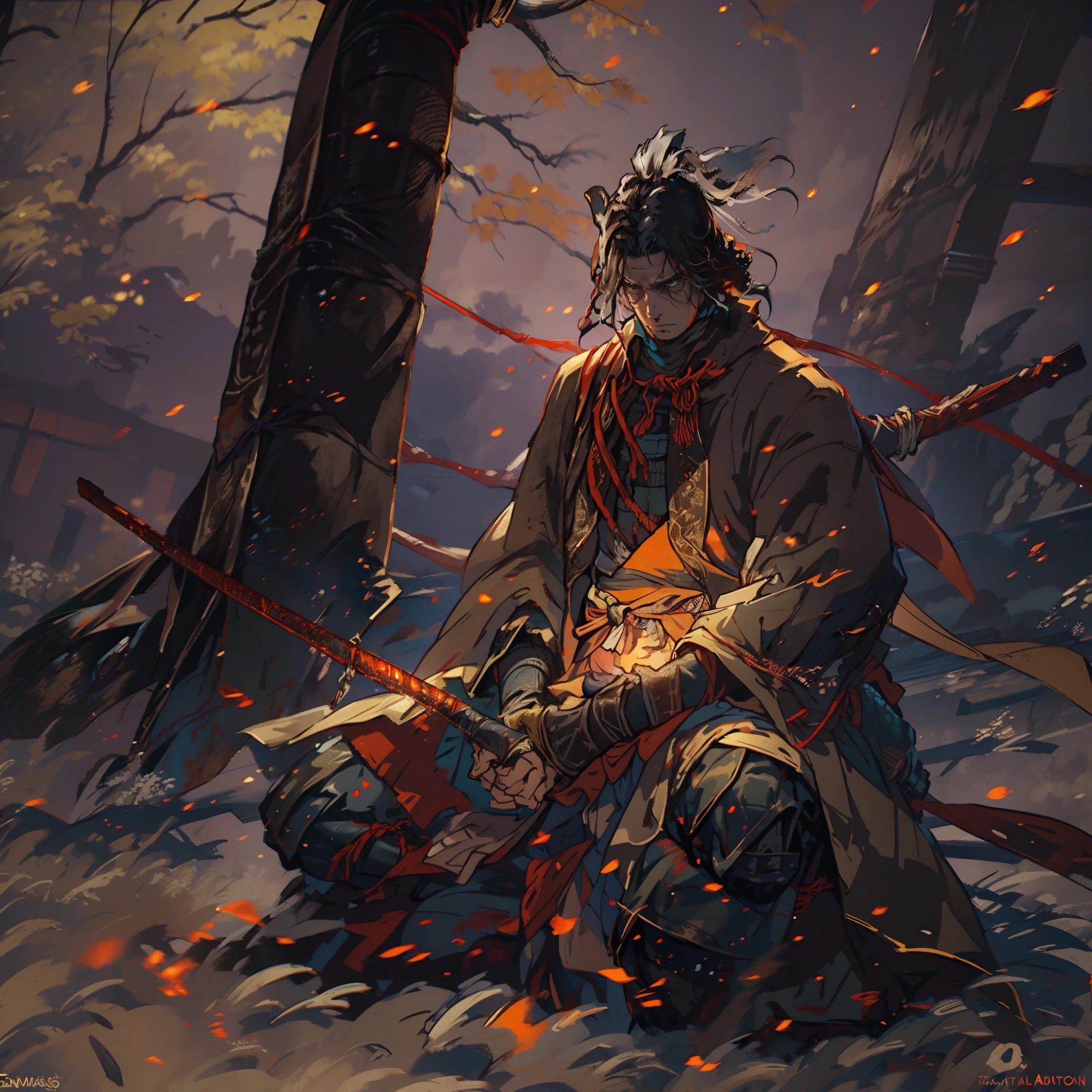 1hombre, solamente, Anillo Elden, meditando junto antorcha, sentado junto al fuego, transmitido por la sangre, Almas oscuras, (((Las sombras de SEKIRO mueren dos veces))),