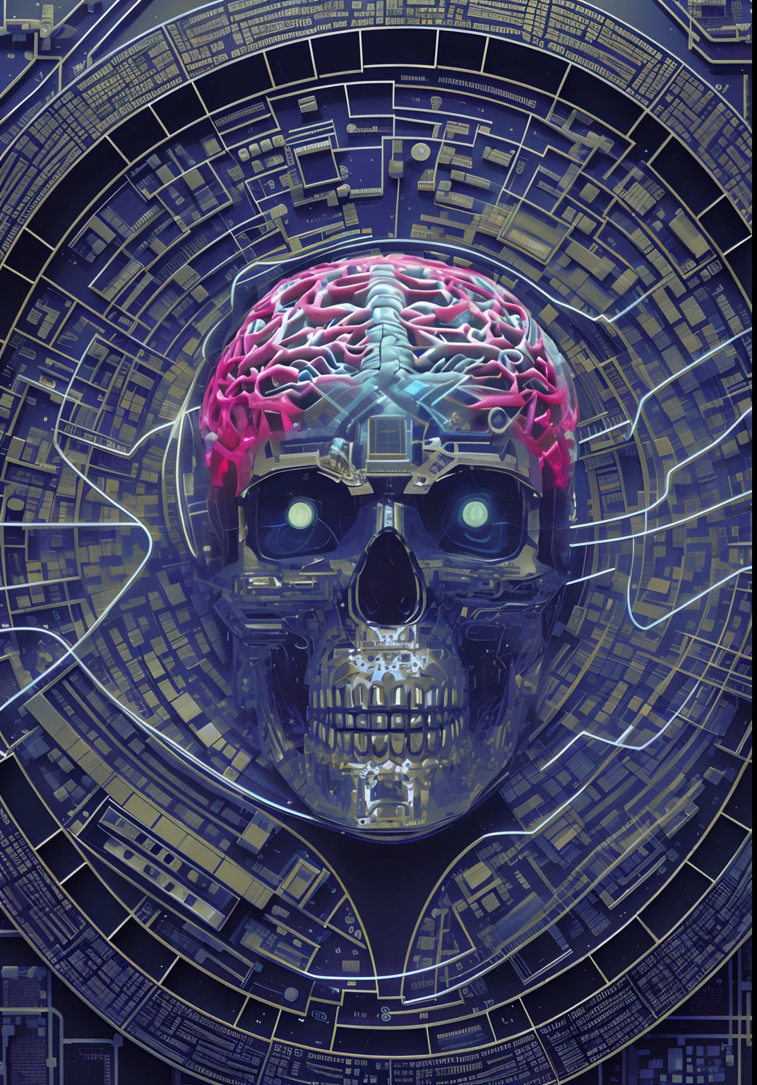 Close-up of a skull with a brain on the head, matrioshka brain, evil artificial intelligence, metal brain, intricate transhuman, Electronic brain, skull liminal void background, cybernetic and highly detailed, portrait of a cyber skeleton, digital art 4k unsettling, circuitry visible in head, metal brain!!, cybernetic head