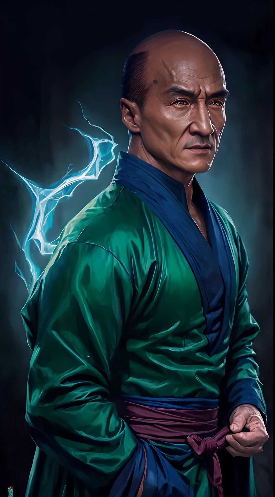 actor ((Jackie Chan)) as Shang Tsung, Mortal Kombat, ((old)), sinister-looking, ((bald spot)), ((goatee)), dark blue long robe, green transparent souls on background, intricate, high detail, sharp focus, dramatic, photorealistic painting art by greg rutkowski