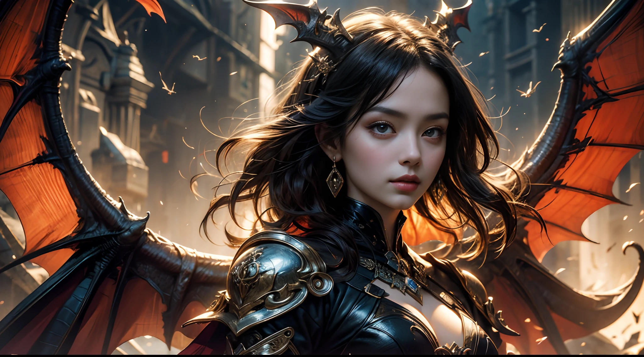 tmasterpiece,top-quality,best qualityer,offcial art,Beauty and aesthetics:1.2),(tmasterpiece:1.3), (8K, realisticlying, RAW photos, best qualtiy: 1.4), beauitful face, (photorealiscic face),超高分辨率, Ultra photo realsisim, highly detailed, the golden ratio, (with dynamism:1.3),(Saturation:1.3),illusory engine, (High detail: 1.9),(femele:1.4),(Large breasts),woman,Dragon's horn,A pair of bat wings,The background is the ruins of a medieval city,Bust,dramatics,(magia)