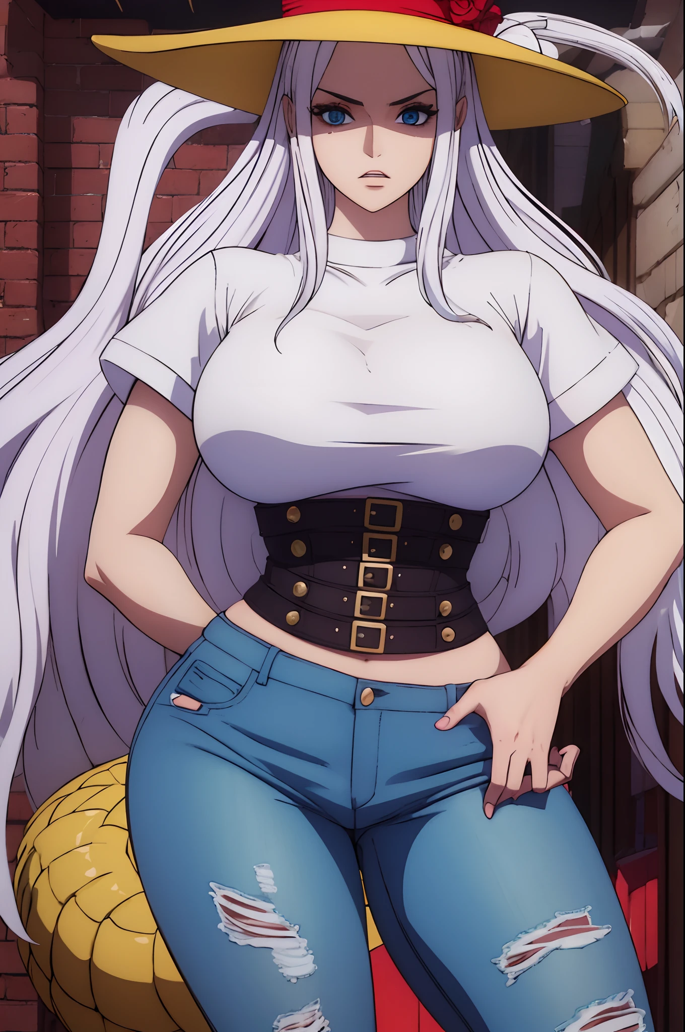 (masterpiece), best quality, expressive eyes, perfect face, 1girl, long hair, white hair, huge breasts, large breasts, thick thighs, curvilinear waist, muscular female, dark blue eyes, curvy waist, juicy waist, dragon girl, monster girl, mature female, capitain hat, high waisted jeans shorts, thick t-shirt, seductive body