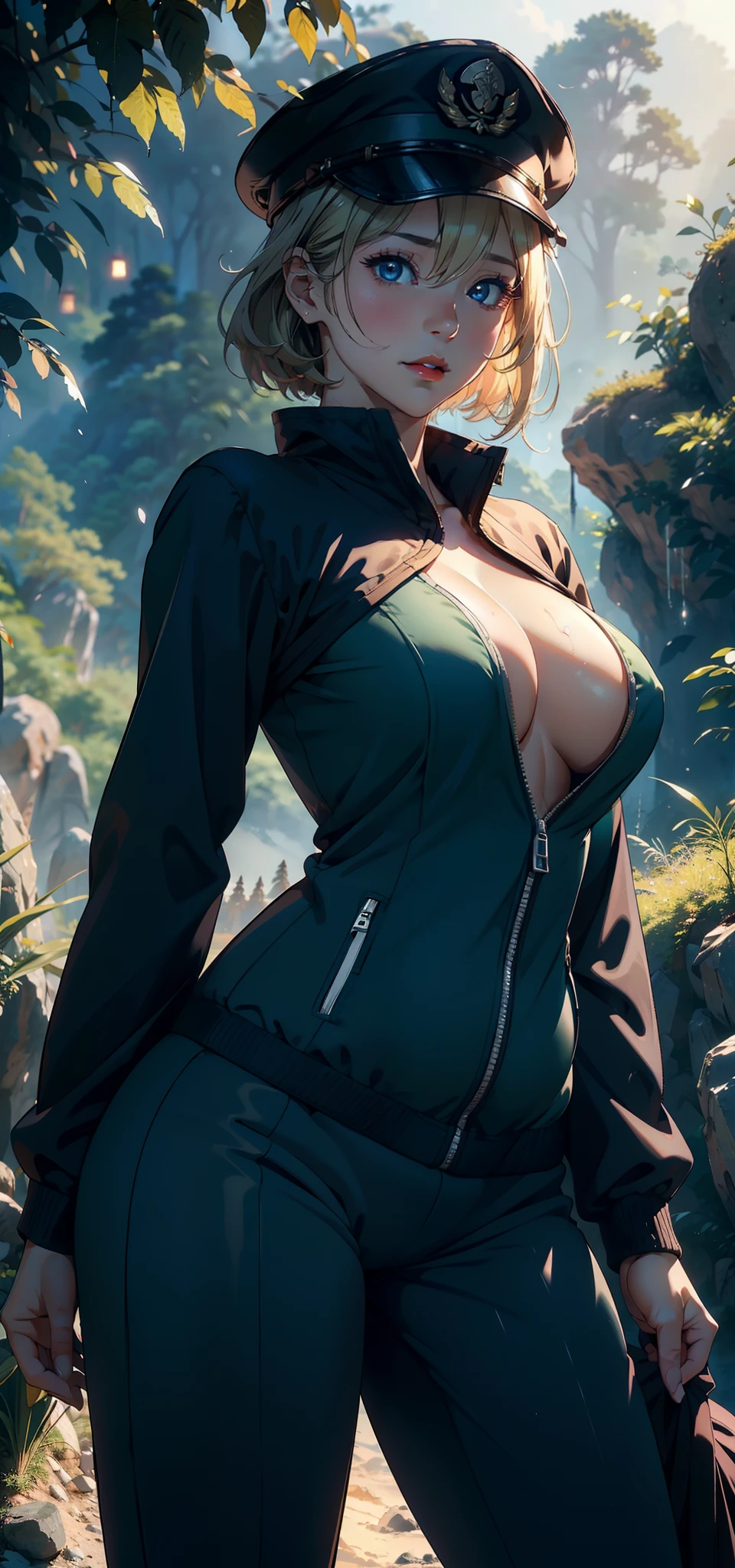 1female,35yo,plumw,extremely large bosom, 独奏,(Background with:the rainforest,SakuraNS,Deep in the forest,No man's land,)standing on top of a mountain, She has short blonde hair,standing on your feet,Bundled,seen from the front, bobo head, mostly cloudy sky,(((tmasterpiece),(Very detailed CG unity 8K wallpaper),best qualtiy,cinmatic lighting,detailed back ground,beatiful detailed eyes,Bright pupils,Blue eyes,Snow-whiteskin,Redlip(Very fine and beautiful),(Beautiful and detailed eye description),ultra - detailed,tmasterpiece,))facing at camera,A high resolution,ultra - detailed),revealing breasts,Bare genitalia, Bulge,legs are open,Raised sexy,Camel toes,Flushed complexion,Desire for dissatisfaction,frontage,Chinese army,military hat,Dark green baseball jacket,Black jumpsuits,