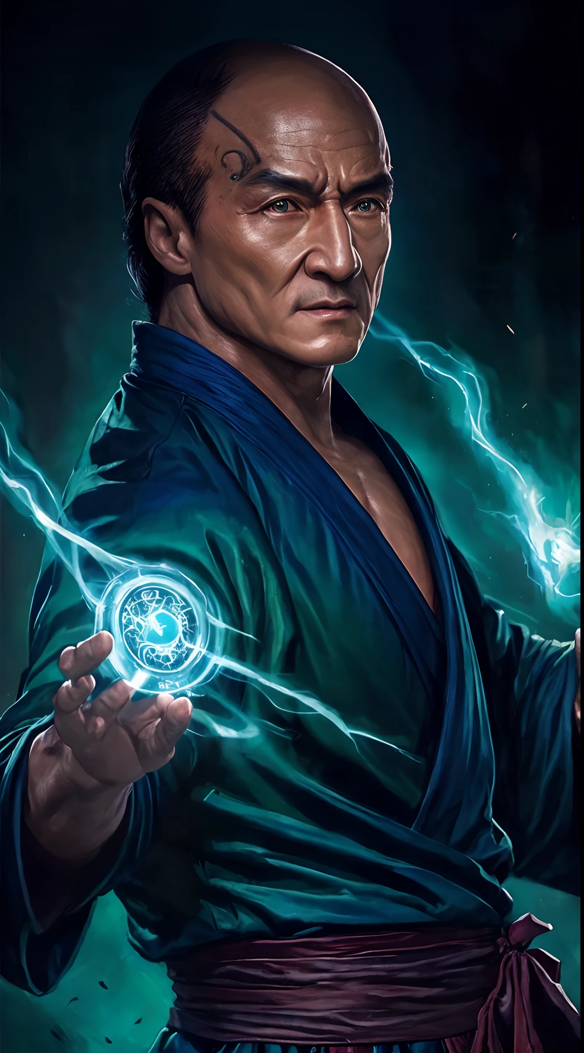 actor ((Jackie Chan)) as Shang Tsung, Mortal Kombat, ((old)), sinister-looking, ((bald spot)), ((goatee)), dark blue long robe, green transparent souls on background, intricate, high detail, sharp focus, dramatic, photorealistic painting art by greg rutkowski