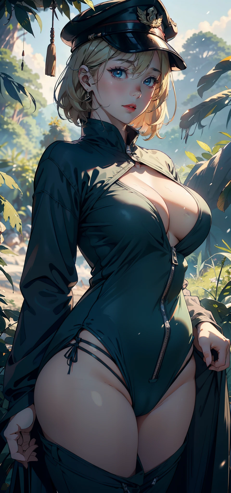 1female,35yo,plumw,extremely large bosom, 独奏,(Background with:the rainforest,SakuraNS,Deep in the forest,No man's land,)standing on top of a mountain, She has short blonde hair,standing on your feet,Bundled,seen from the front, bobo head, mostly cloudy sky,(((tmasterpiece),(Very detailed CG unity 8K wallpaper),best qualtiy,cinmatic lighting,detailed back ground,beatiful detailed eyes,Bright pupils,Blue eyes,Snow-whiteskin,Redlip(Very fine and beautiful),(Beautiful and detailed eye description),ultra - detailed,tmasterpiece,))facing at camera,A high resolution,ultra - detailed),revealing breasts,Bare genitalia, Bulge,legs are open,Raised sexy,Camel toes,Flushed complexion,Desire for dissatisfaction,frontage,Chinese army,military hat,Dark green baseball jacket,Black jumpsuits,