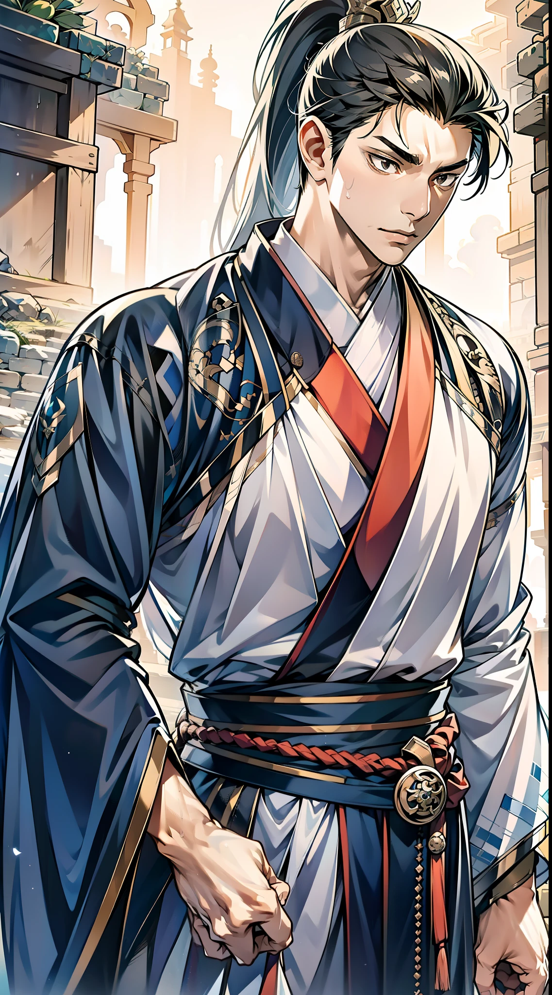 quadratic element，style of anime，mtu（Male Warrior），The proportions are correct，Face details，swordsmen，High ponytail hairstyle，Neck details，There is an Adam's apple，Black Hanfu，kaftan，Embroidered robes，Black robe，clothes details，Handing over，longer sleeves，Game quality，Swordsmanship，Light and shadow tracking，Ray traching，detailed glow，cg render，hair detail，cabelos preto e longos，Black eyes，Handsome，Handsome，（juvenile sense），Clothing is complicated，Perfectcomposition，Refinement，high qulity，higher details，Lots of details，The background is complex，a sense of atmosphere，