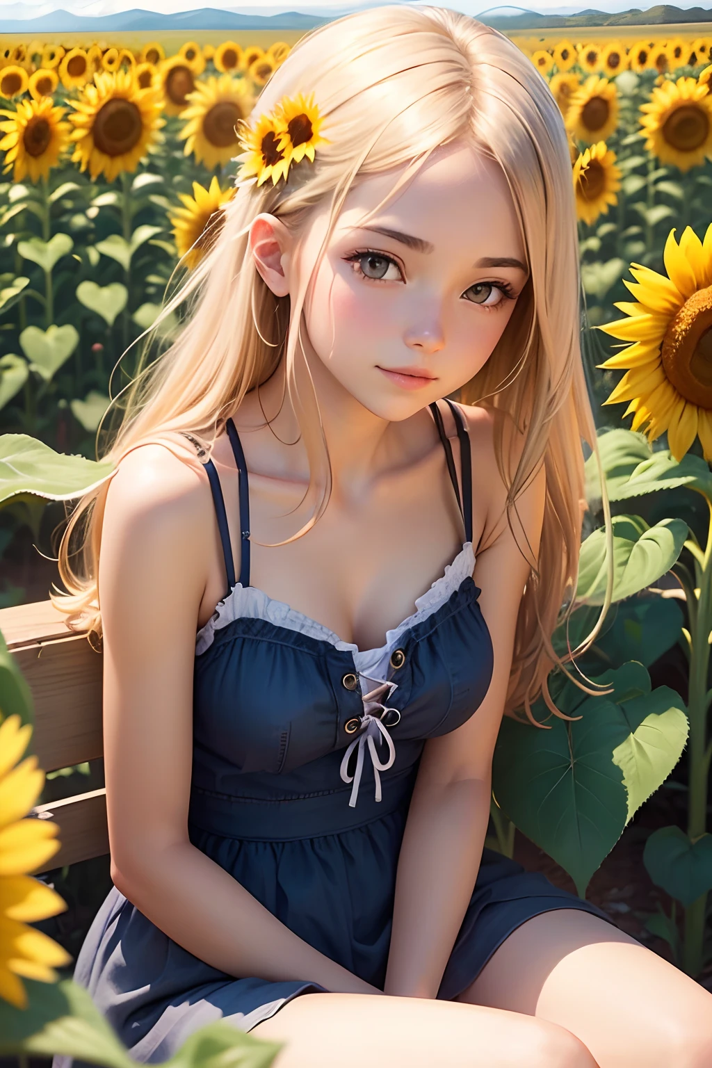 Generate an image of a beautiful girl enjoying a peaceful moment in a sunflower field.
